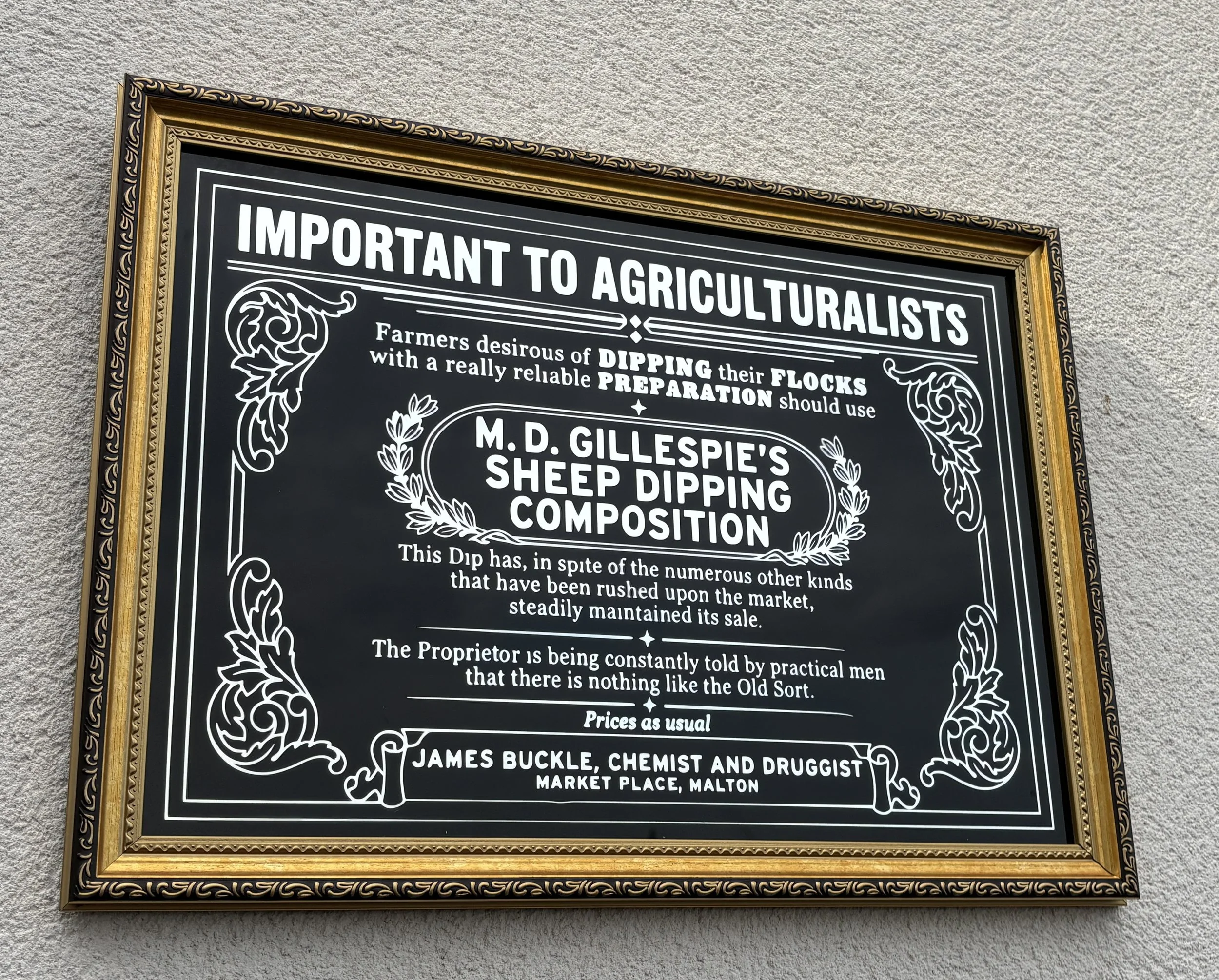 Important to Agriculturalists Victorian reverse glass mirrored advertising sign by Filey Pier Limited