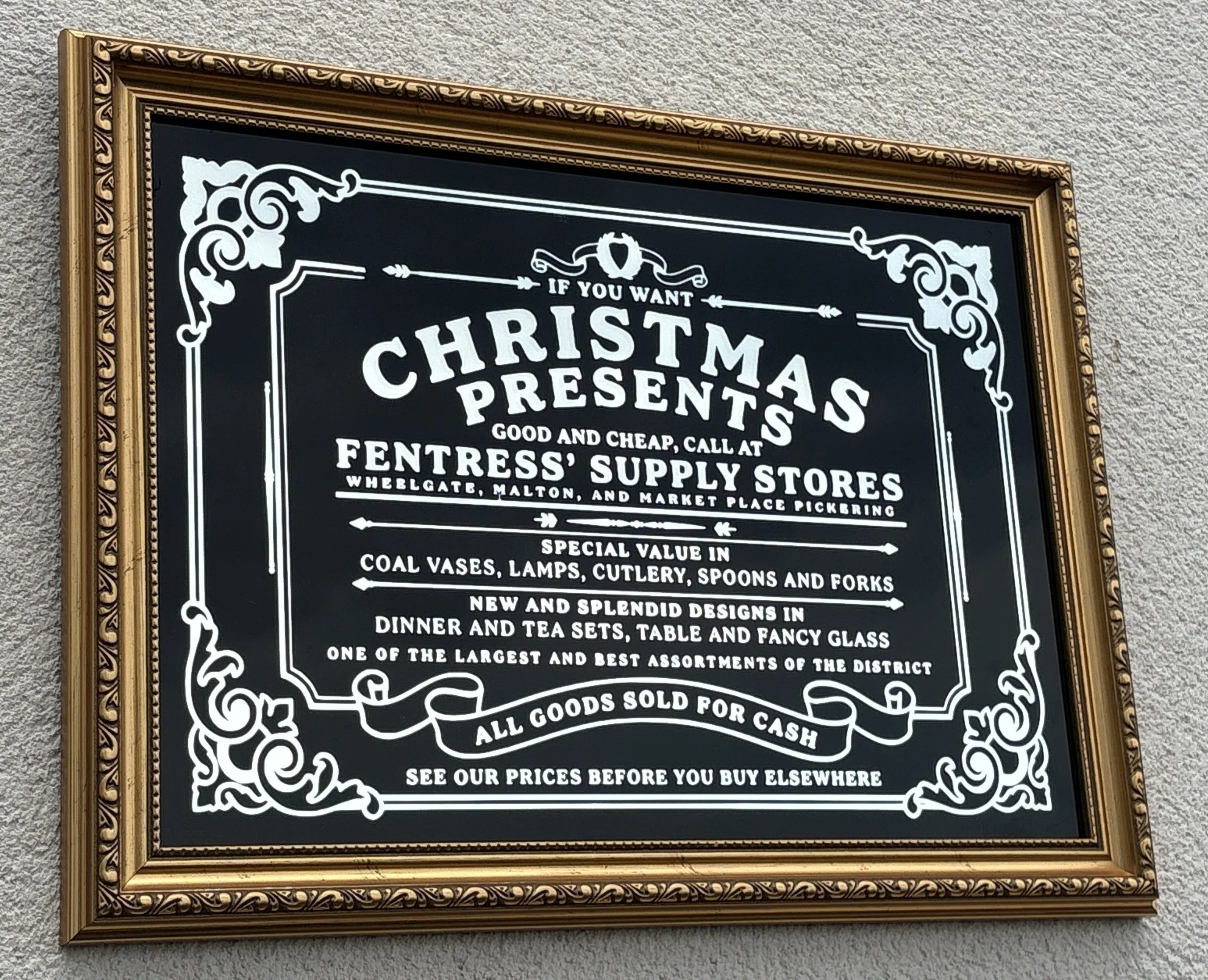 Fentress' Supply Stores Victorian reverse glass mirrored advertising sign by Filey Pier Limited