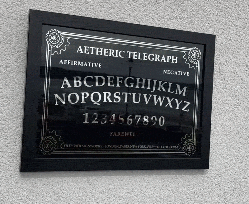 Aetheric Telegraph - Steampunk Ouija / Spirit Board - Reverse Glass Mirrored Sign - Black Frame and Planchette