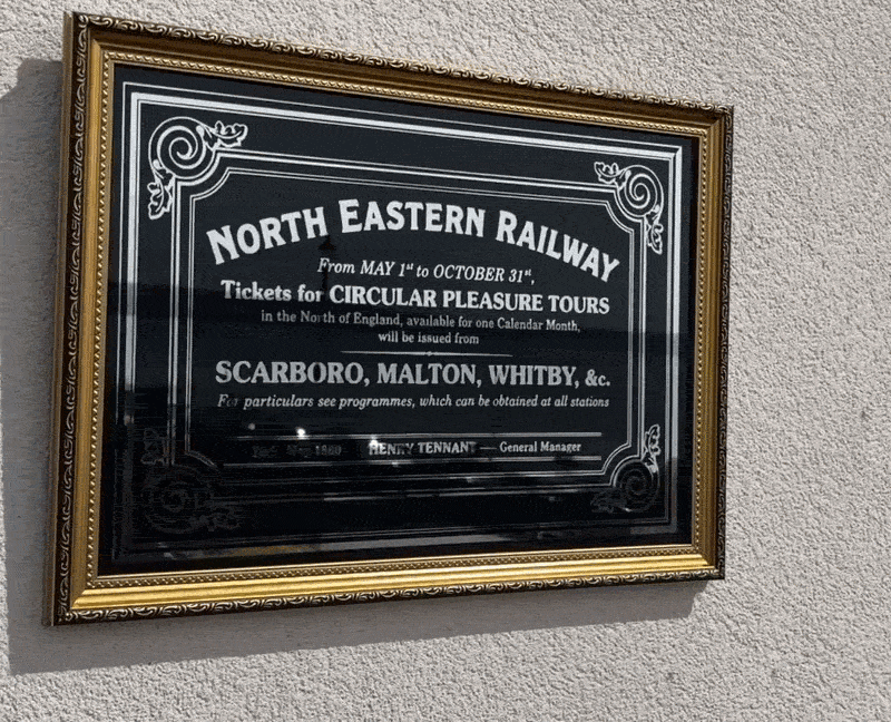 NER Circular Pleasure Tours Victorian railway reverse glass mirrored advertising sign by Filey Pier Limited