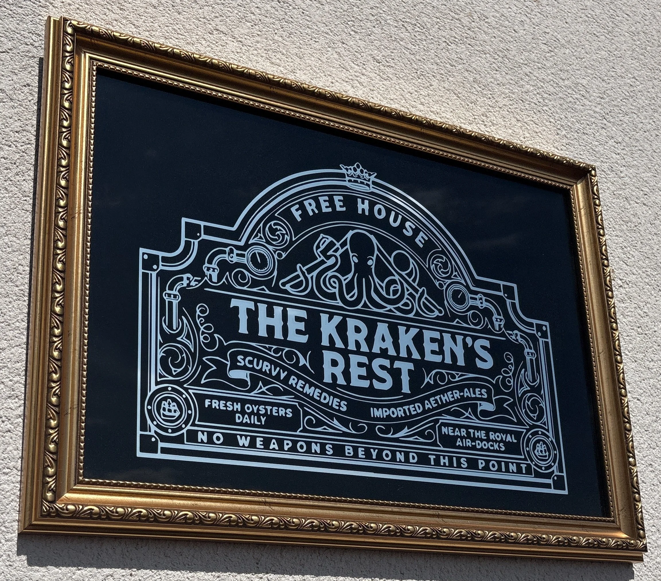 The Kraken's Rest - Steampunk Reverse Glass Mirrored Sign