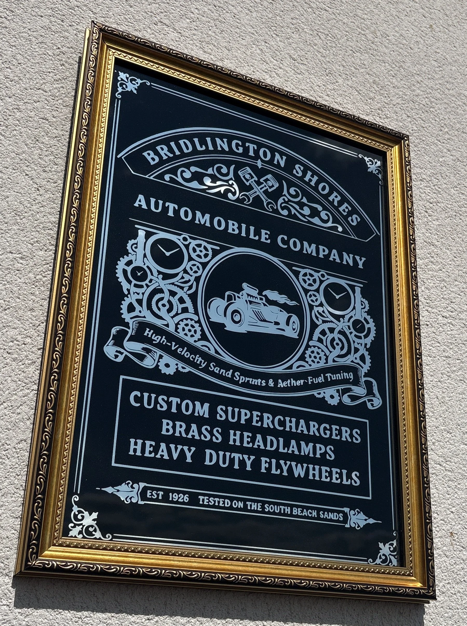 Bridlington Shores Automobile Company - Steampunk Reverse Glass Mirrored Sign