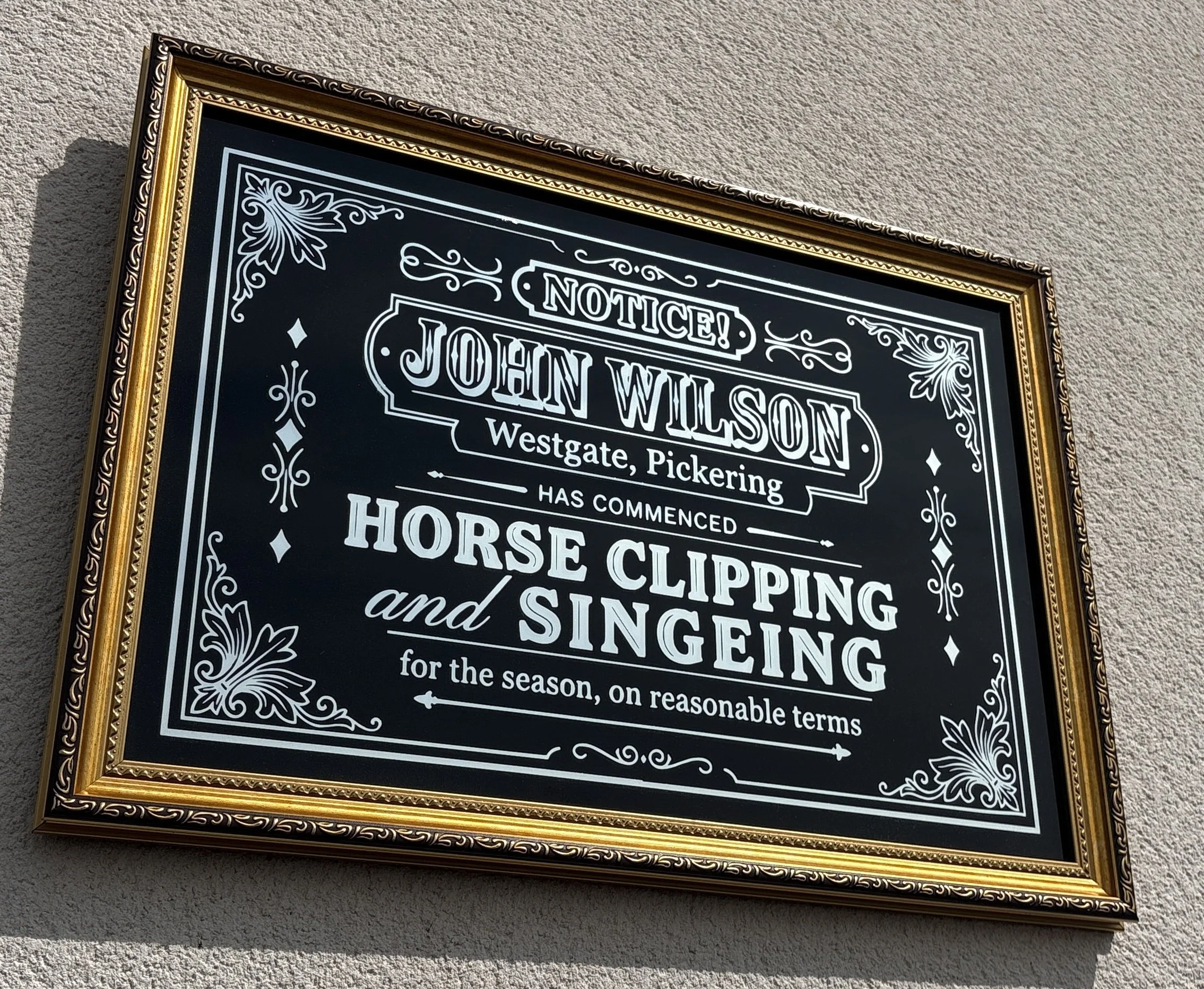 John Wilson Horse Clipping & Singeing Victorian reverse glass mirrored advertising sign by Filey Pier Limited