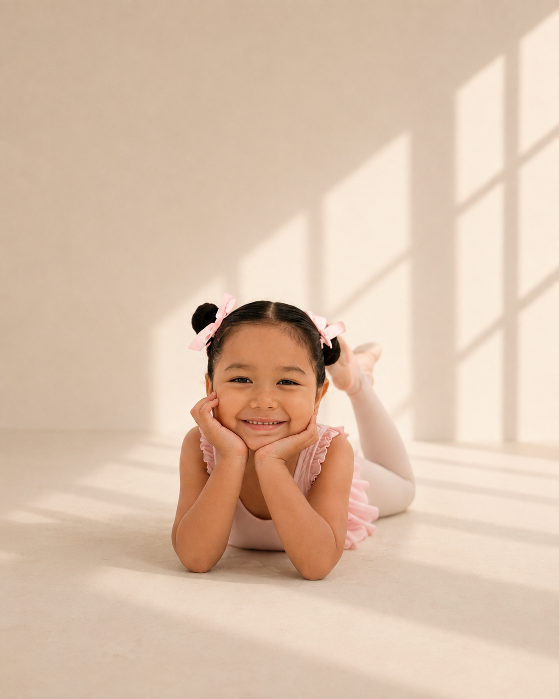 A young girl with dark hair styled in two buns, wearing pink bows and a pink ruffled sleeveless top, lying on her stomach on a white floor, smiling at the camera with her hands resting on her cheeks, in a room with natural sunlight and shadows on the wall.