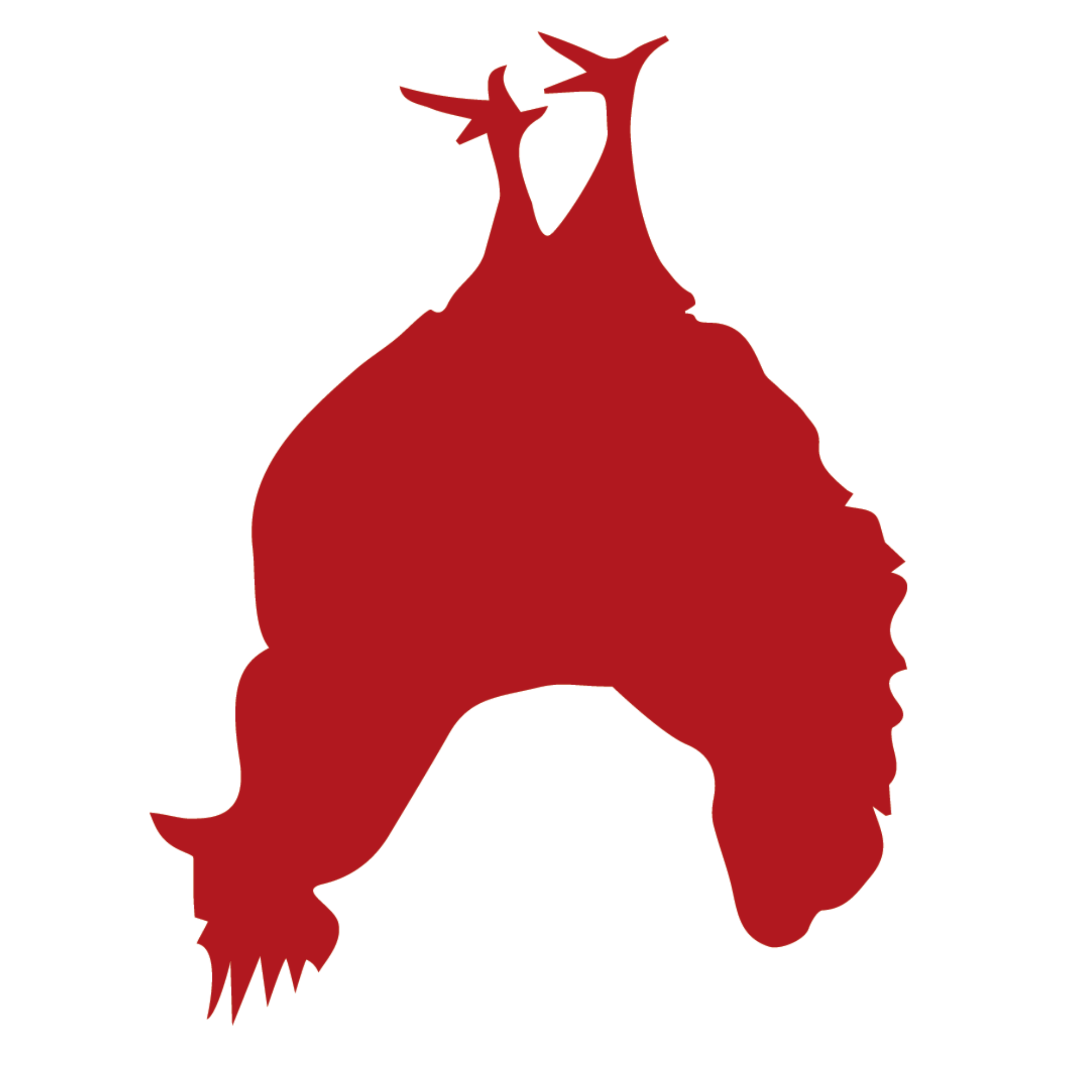 Silhouette of an upside-down chicken in profile