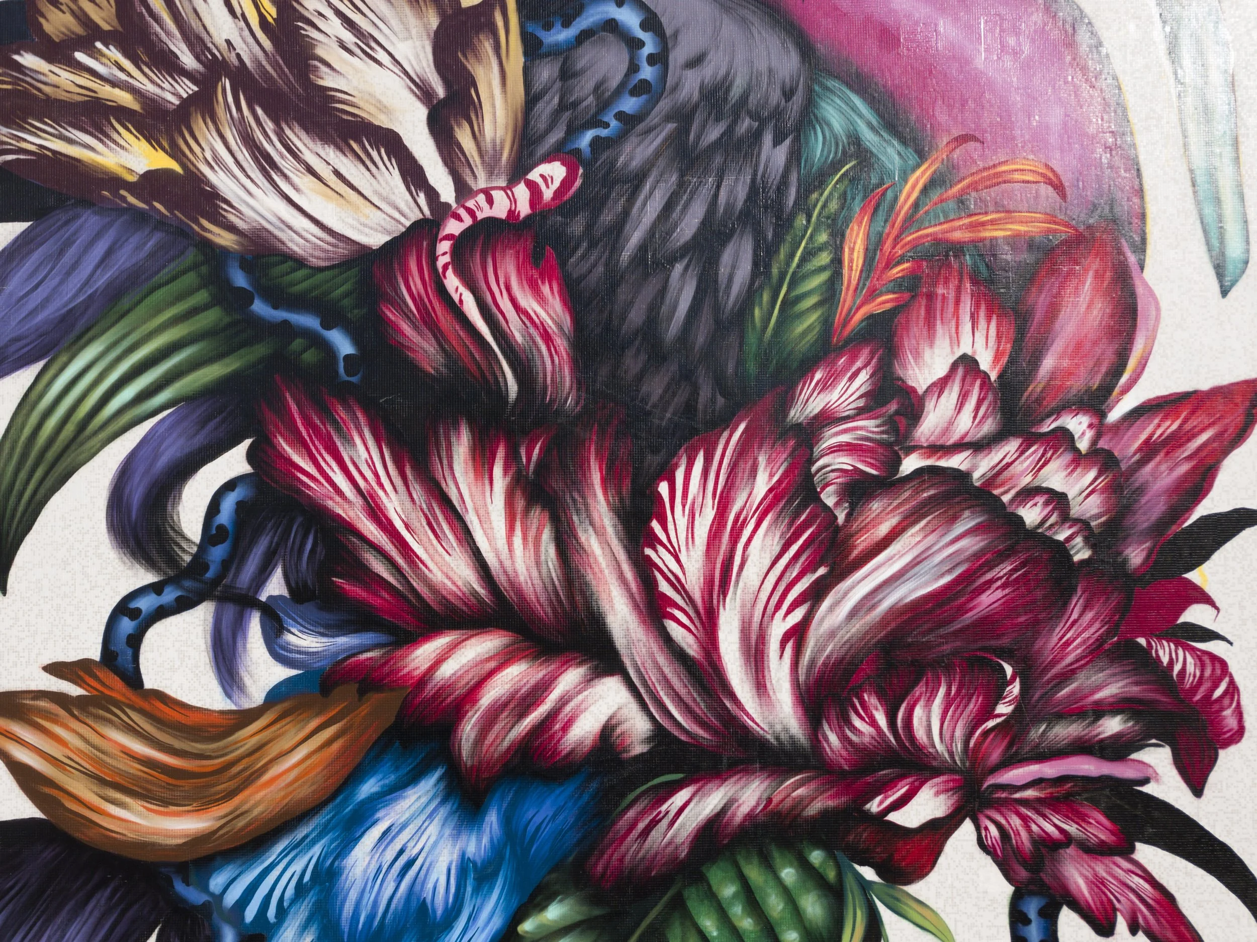 Colorful abstract artwork featuring vibrant floral and animal patterns with bright pink, green, blue, and orange hues.