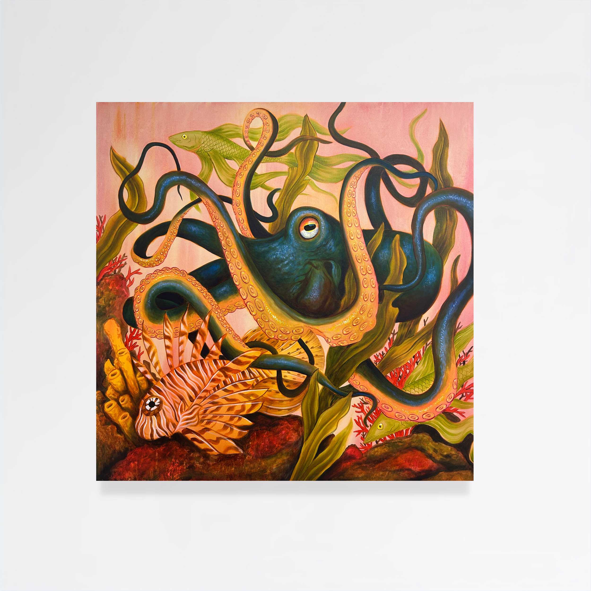 A vibrant painting of an underwater scene featuring a blue octopus with yellow eyes surrounded by various colored sea creatures and plants against a pink background.