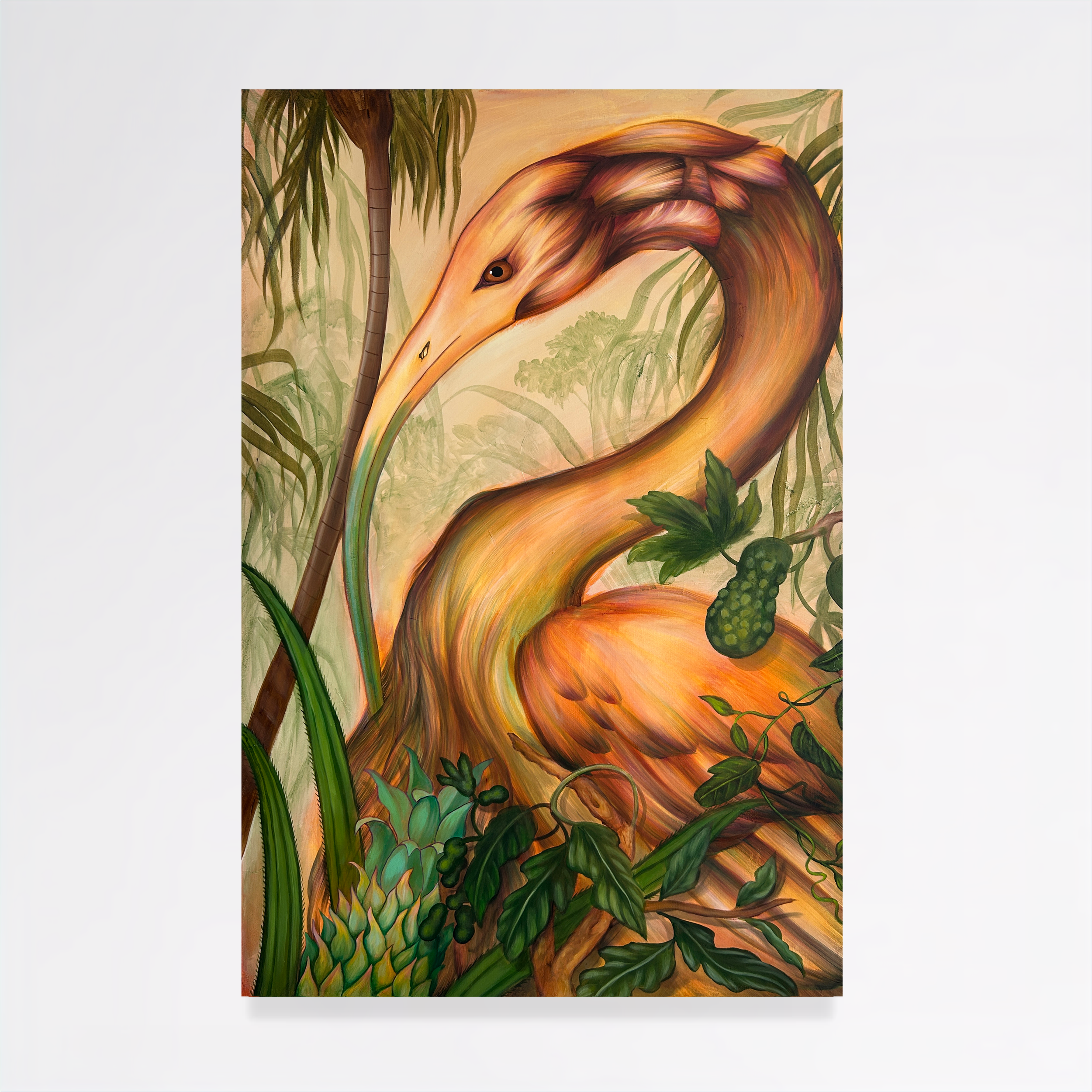 Painting of an abstract flamingo with tall grasses and greenery in the background.