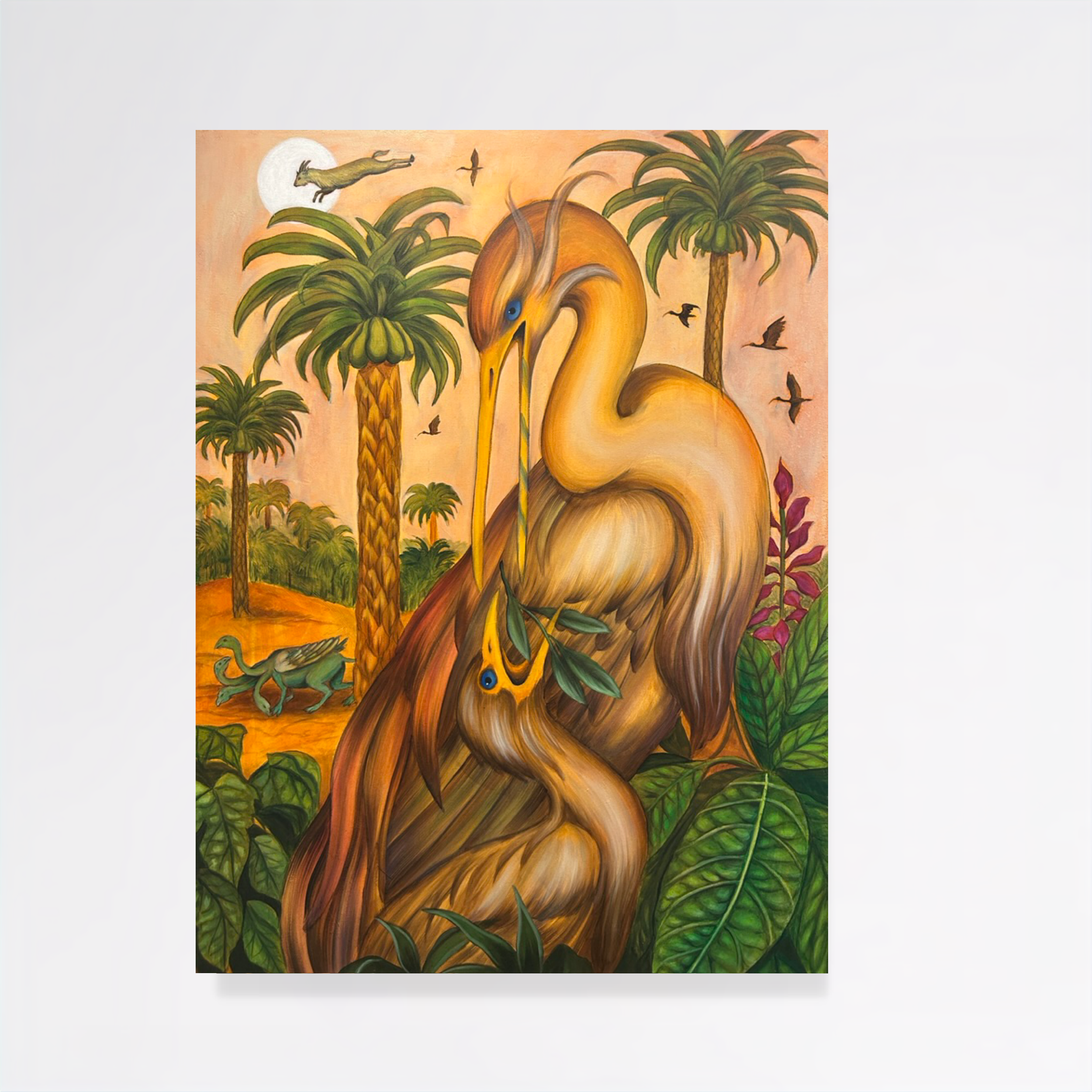 Painting of a pink flamingo with tall green palm trees, flying birds, a bright sun or moon, and lush foliage in the background.