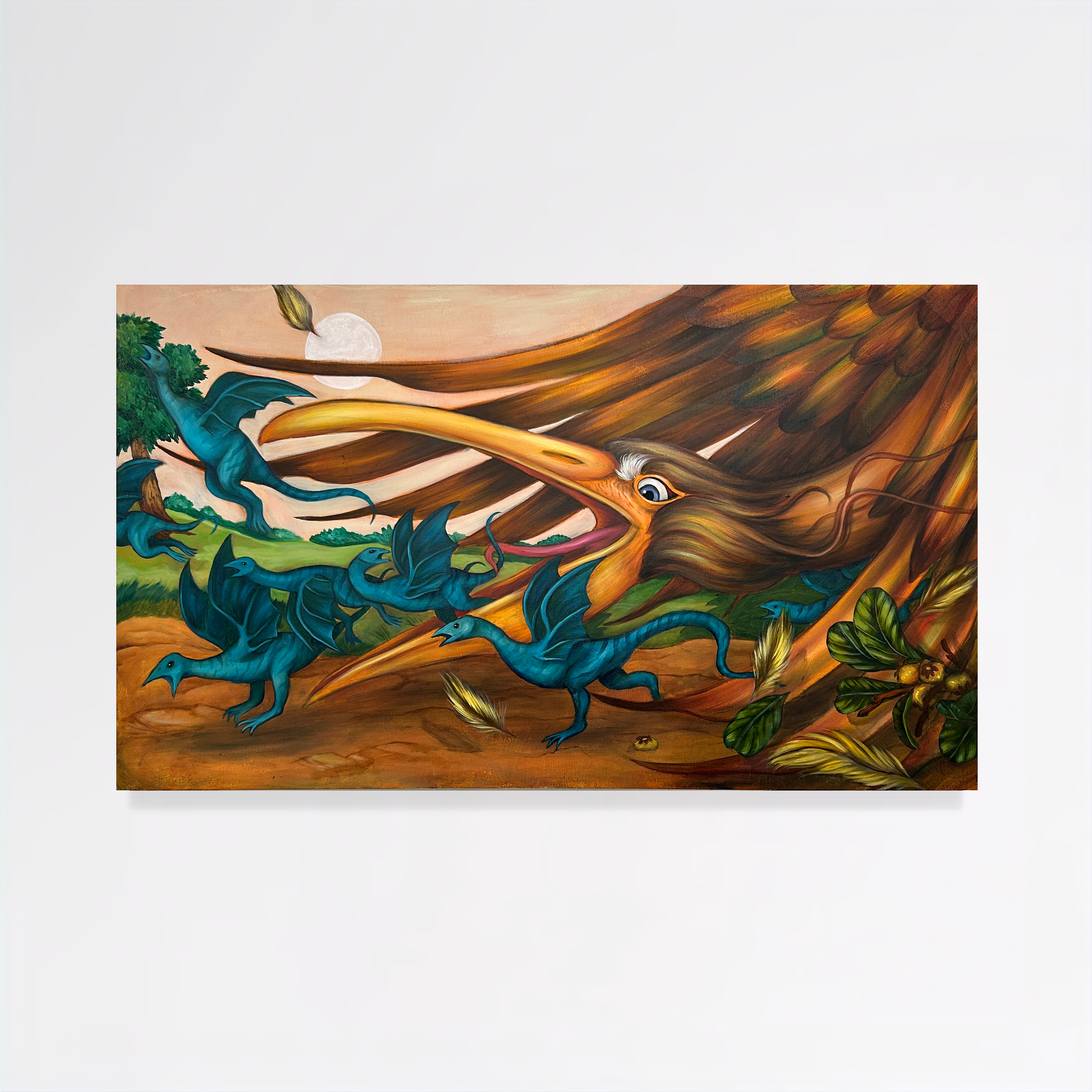 Colorful painting of a dragon with blue body, green wings, and fiery orange tail, set against a natural background with a bright moon.