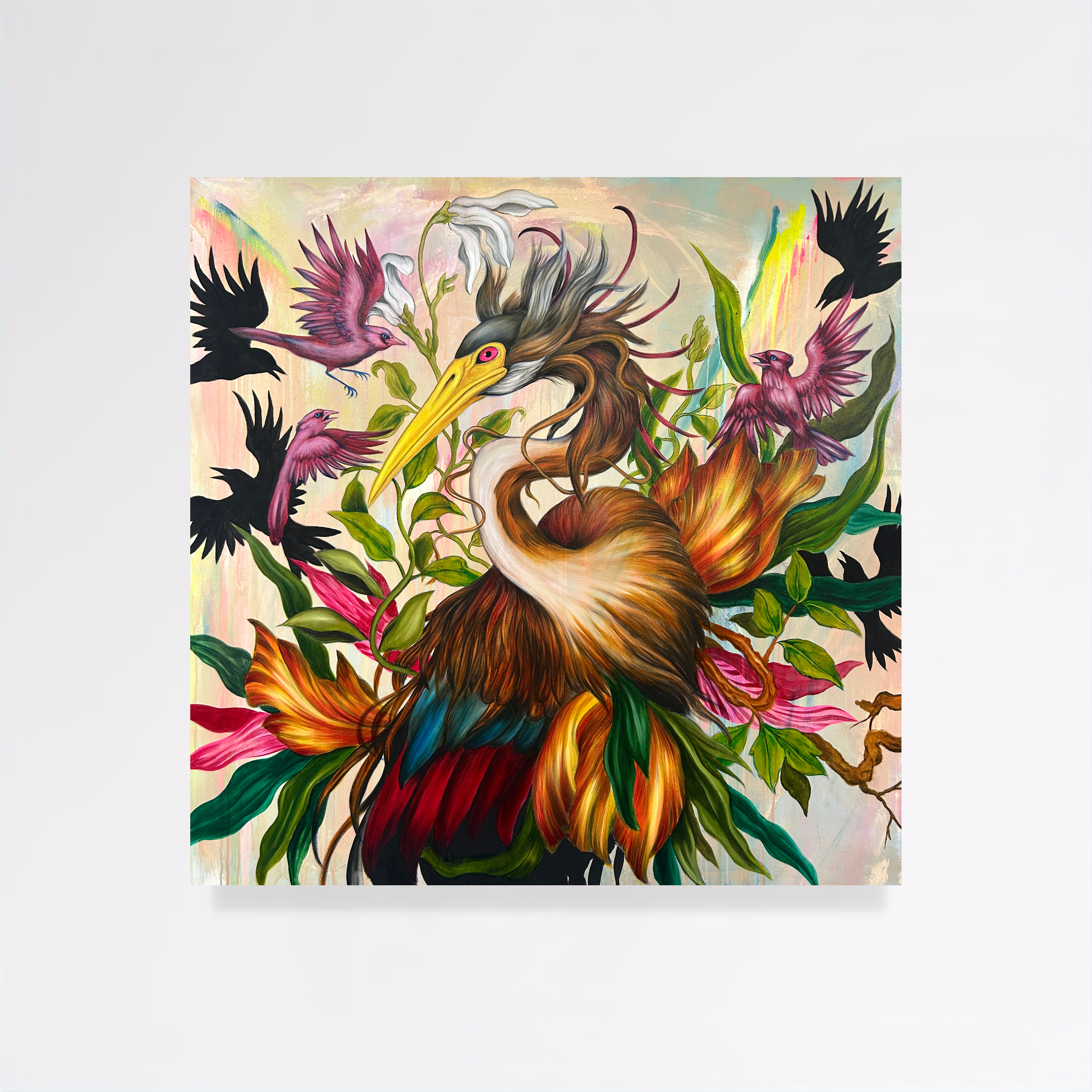 Colorful painting of a bird with a yellow beak, pink eyes, surrounded by pink and white flowers, and black silhouetted birds flying in the background.