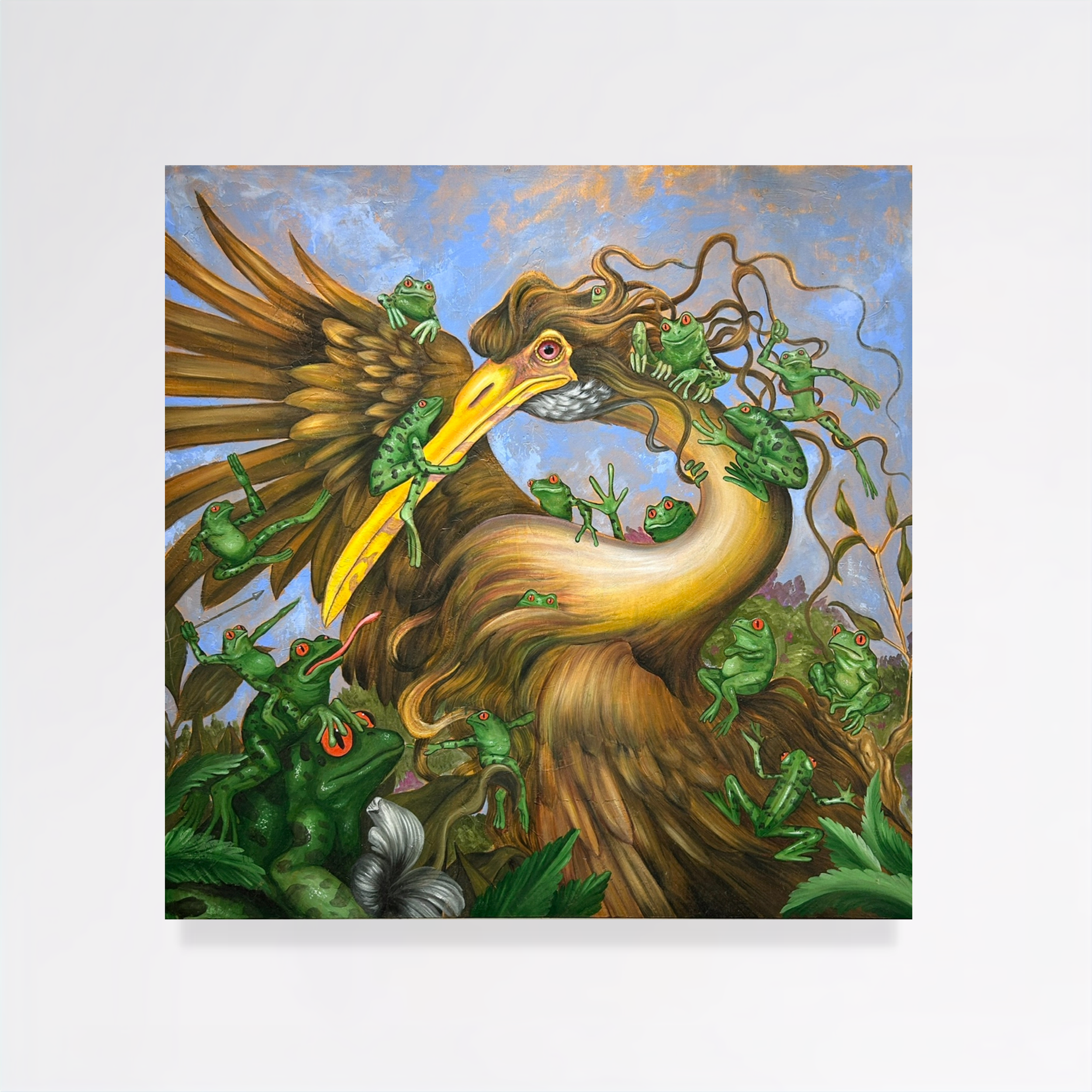 Colorful painting of a vulture's head surrounded by green frogs with red eyes and a gray squirrel at the bottom, set against a background of blue sky and orange clouds.