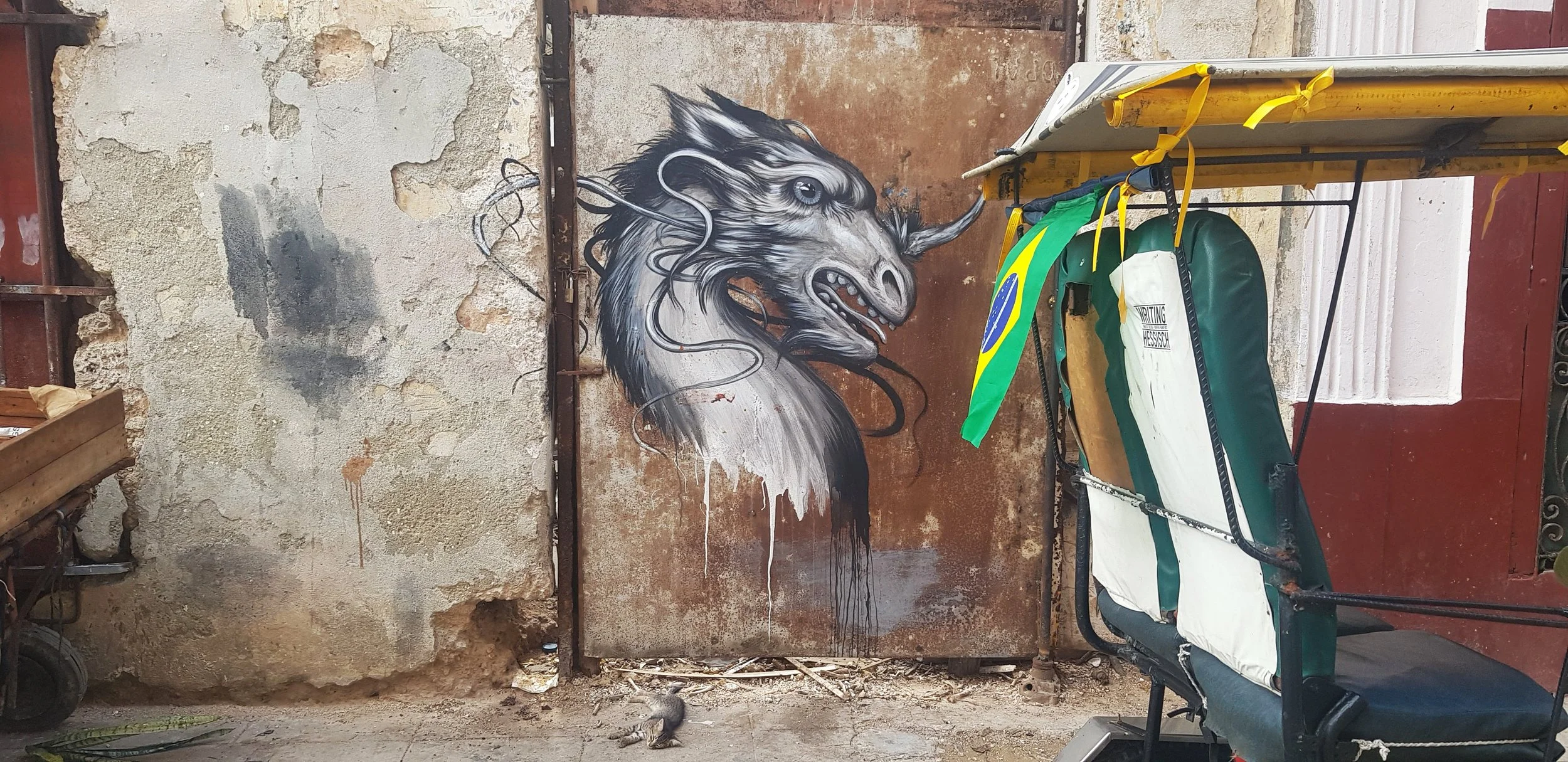 A mural of a horse's head painted on a rusty metal door, with a rough, weathered wall surrounding it. There is some graffiti and peeling paint on the wall. A wheelchaired person with a green cushion and a backpack is parked in front of the mural, and