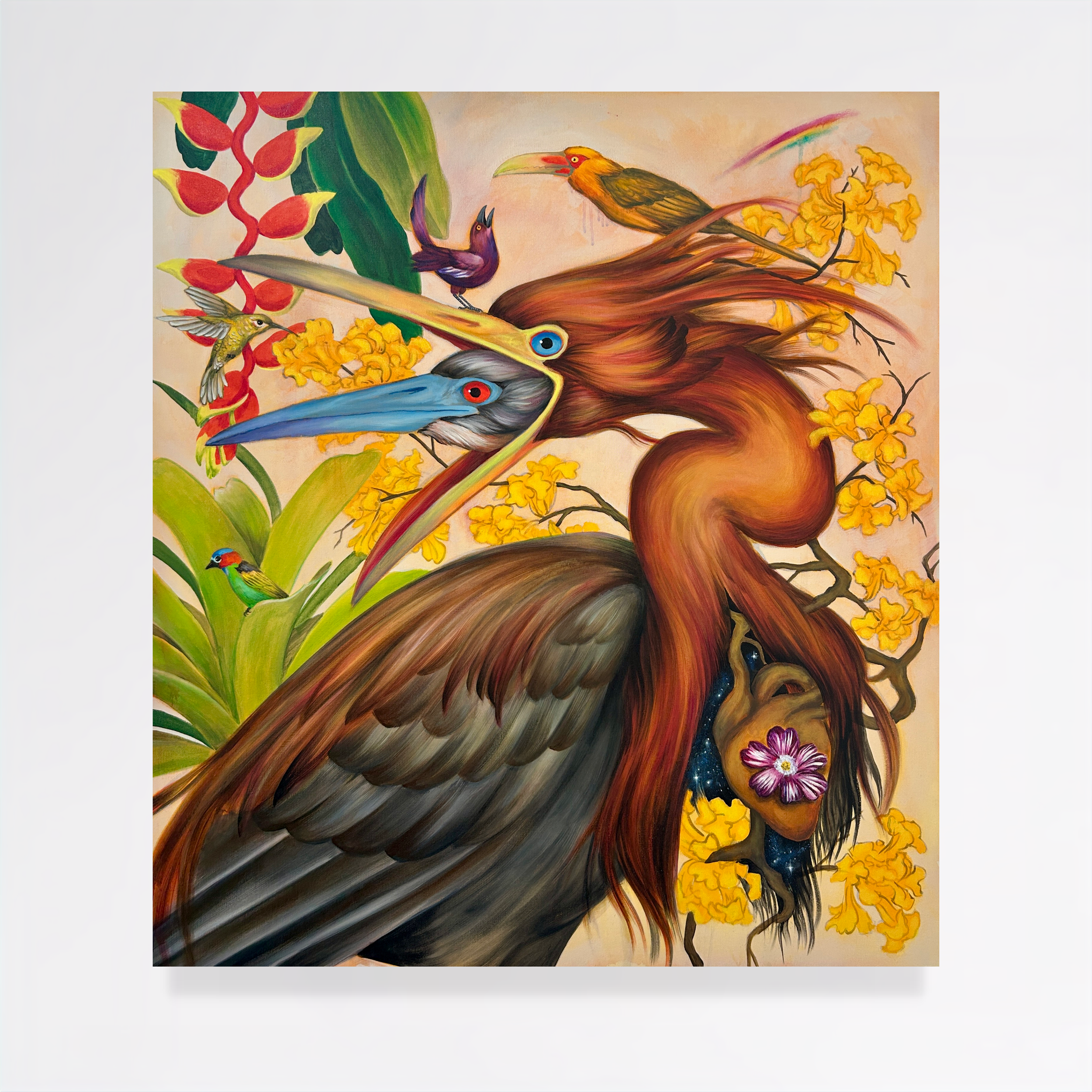 Colorful painting of various birds including toucans, hummingbirds, and a purple bird with lush green leaves, yellow flowers, and a rainbow in the background.