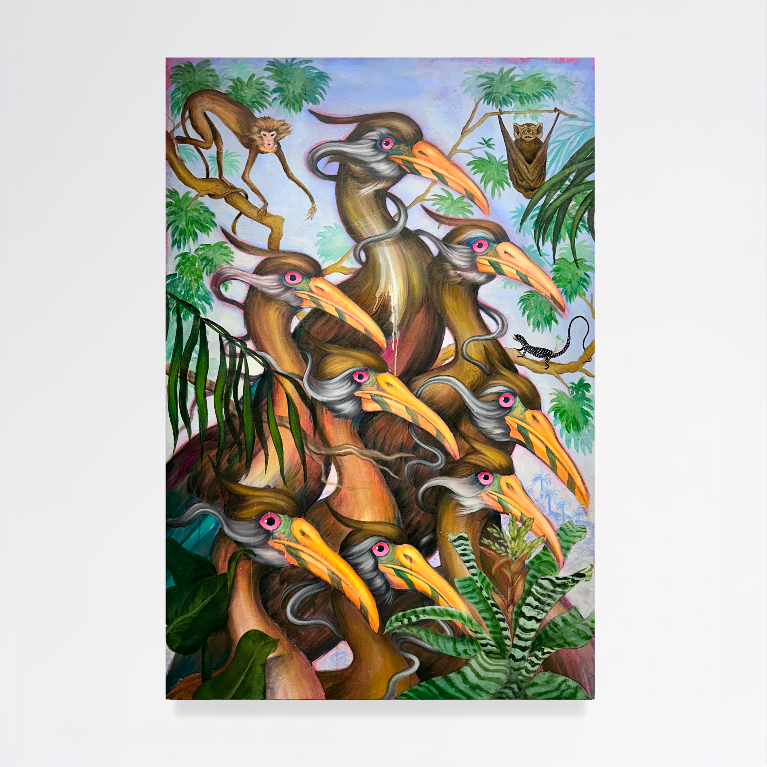 Colorful painting of jungle scene with large trees, palm leaves, and animals including multiple hornbills with orange beaks, a monkey, and a small leopard.