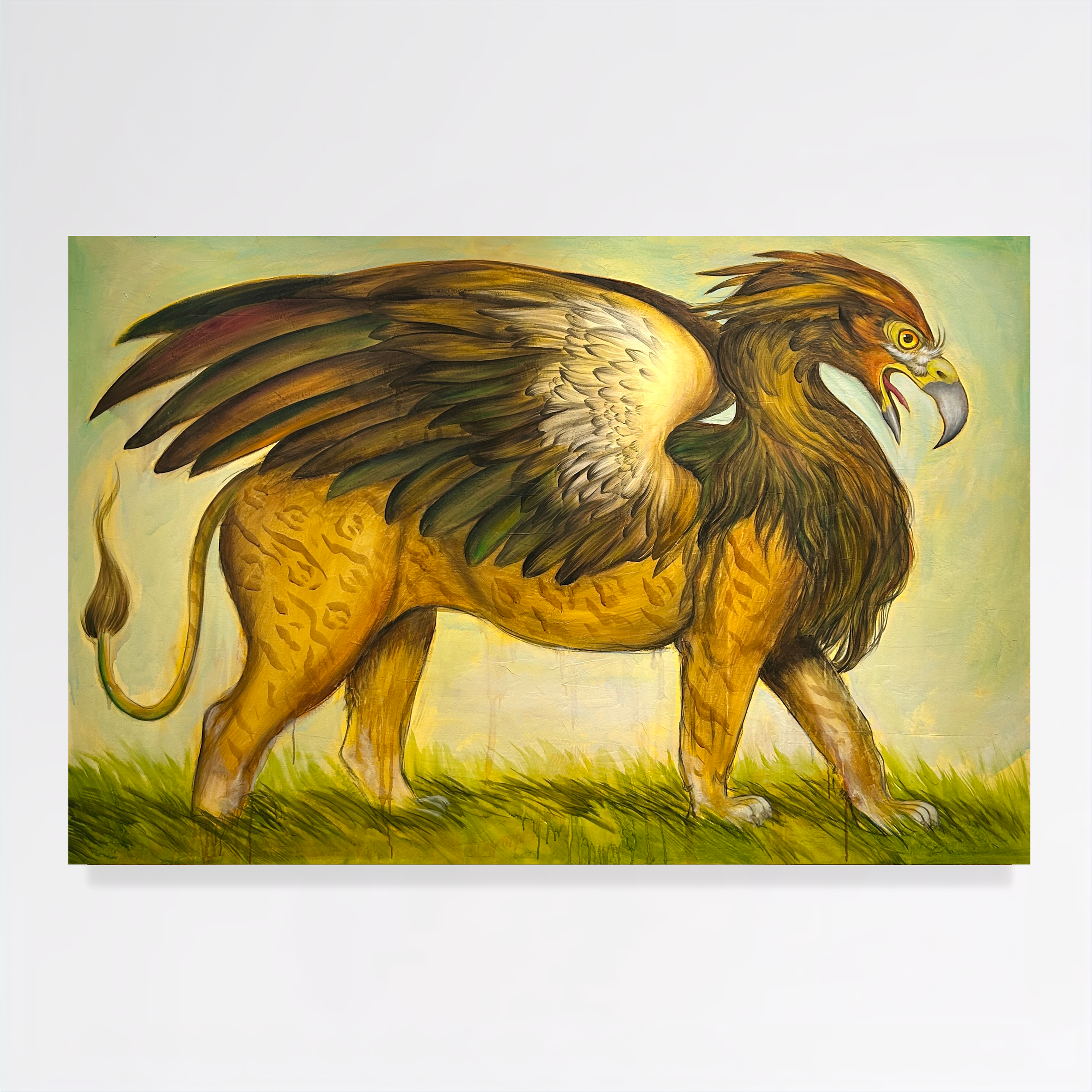 Painting of a fierce eagle with spread wings and sharp talons, set against a green background.