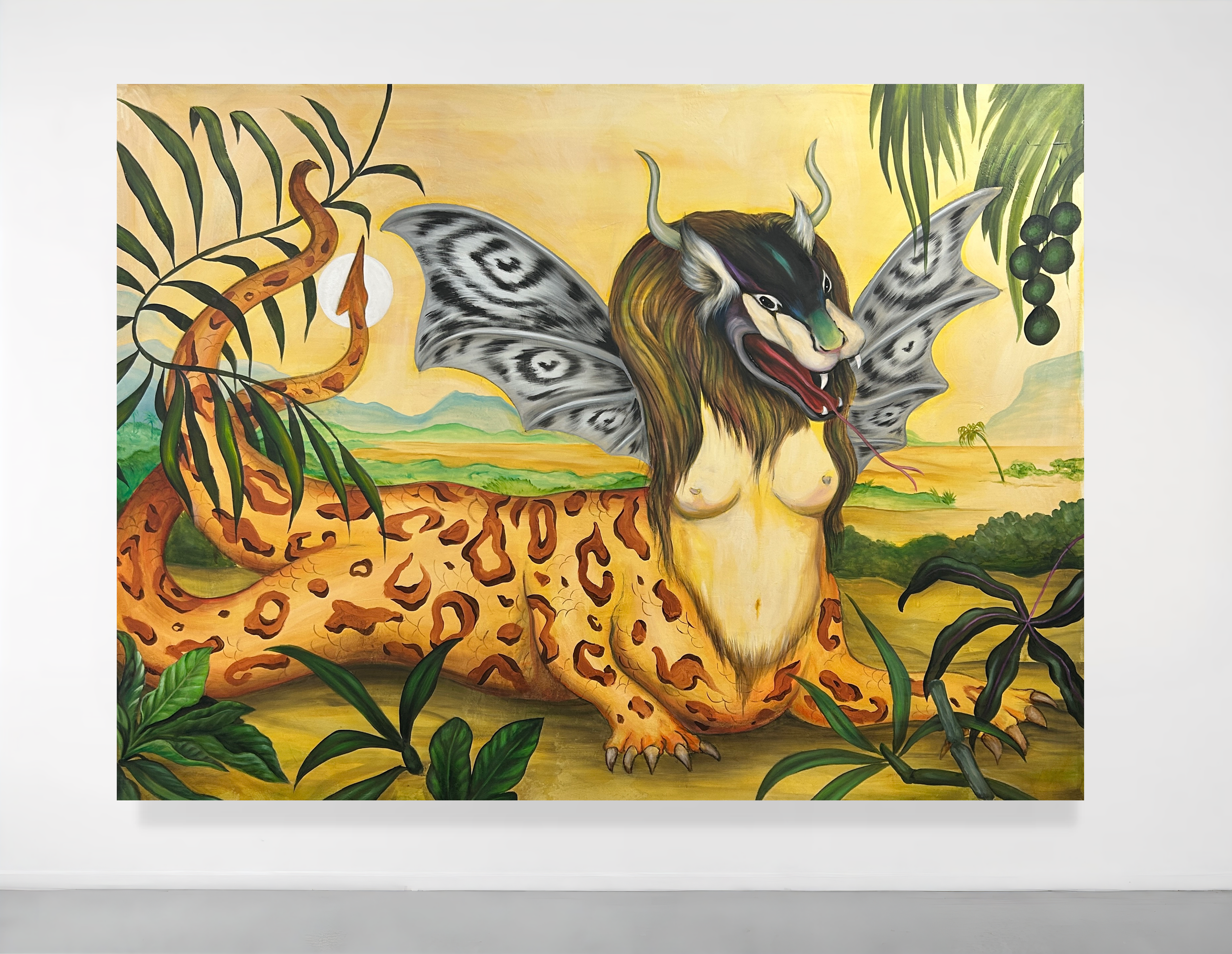A vibrant mural featuring a hybrid creature with the body of a leopard, the head of a mythical beast with horns, a human female torso, and butterfly wings, set against a lush jungle landscape with green plants and a yellow sky.