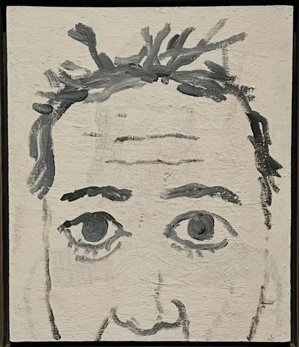 A black and white watercolor painting of a person's face, showing the eyes, eyebrows, and part of the forehead and hair.