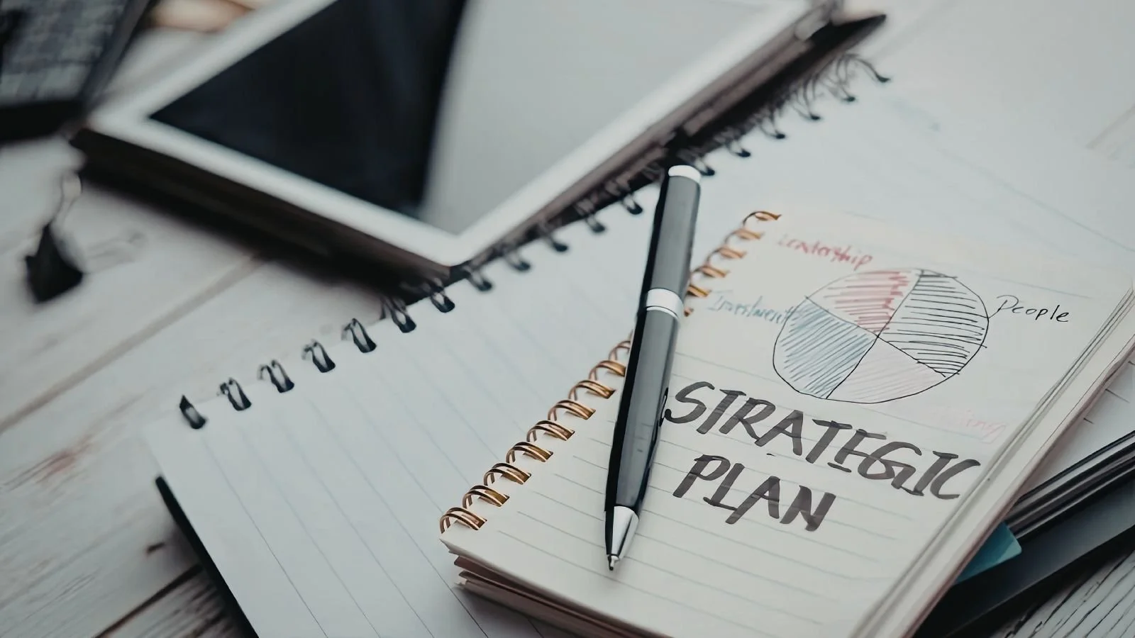 A notebook with a handwritten title 'Strategic Plan' and a pie chart labeled 'People' on the page, a black pen resting on the notebook, and an open planner with a black elastic band, all placed on a wooden table.