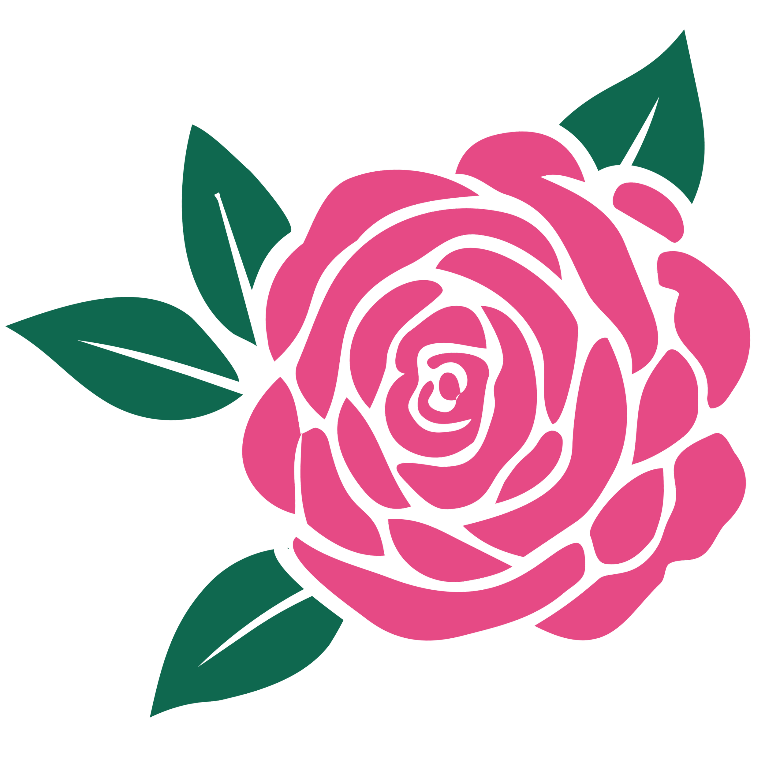 A digital illustration of a pink rose with green leaves against a black background.