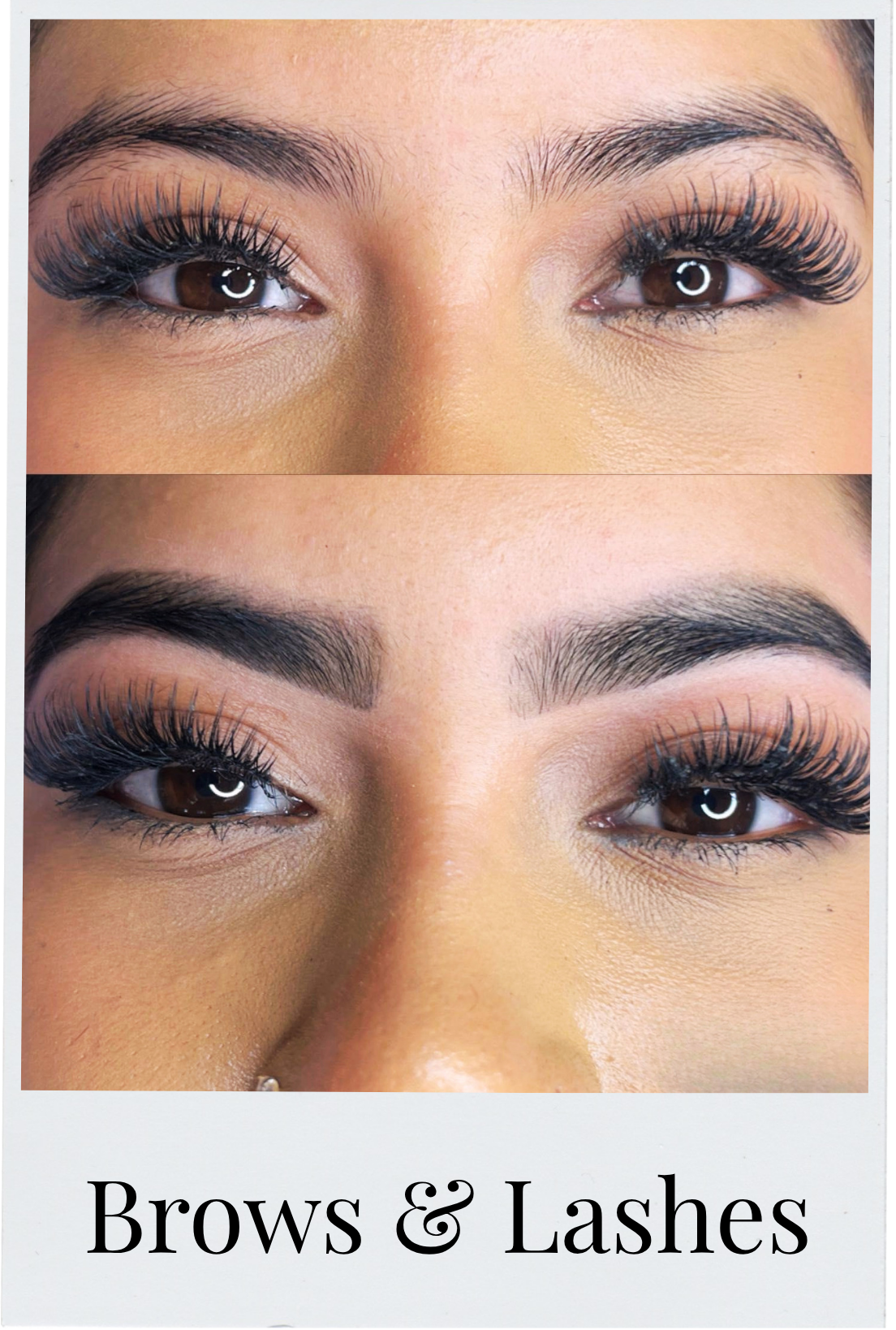 Close-up of a woman's eyes showcasing her eyebrows and eyelashes, with a comparison of before and after brow and lash enhancements, labeled 'Brows & Lashes'.