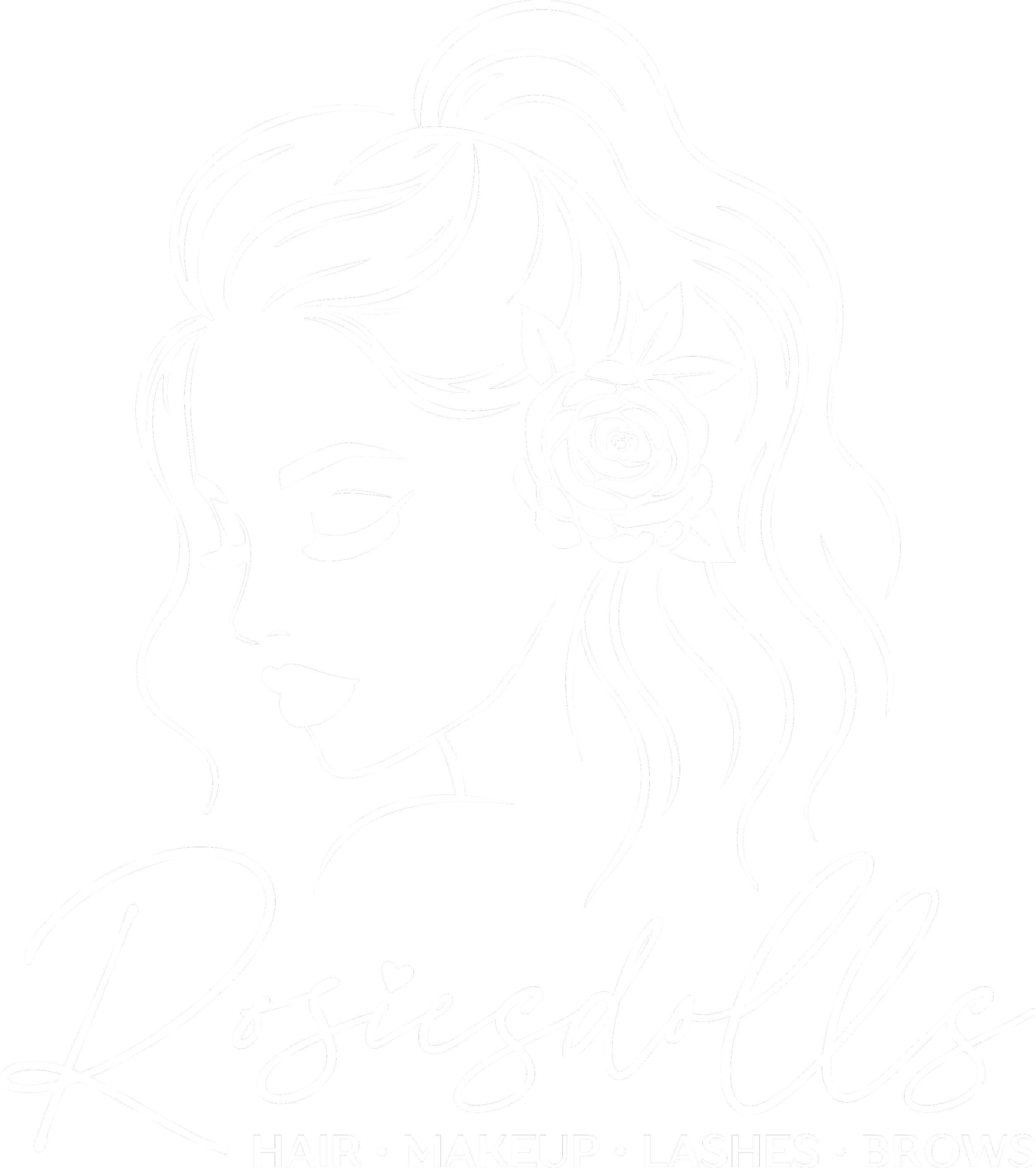 Black and white graphic design for a beauty salon with the words "Luscious Locks" in cursive, accompanied by a stylized woman with long flowing hair, a flower, and the words "Hair, Makeup, Lashes, Brows" at the bottom.