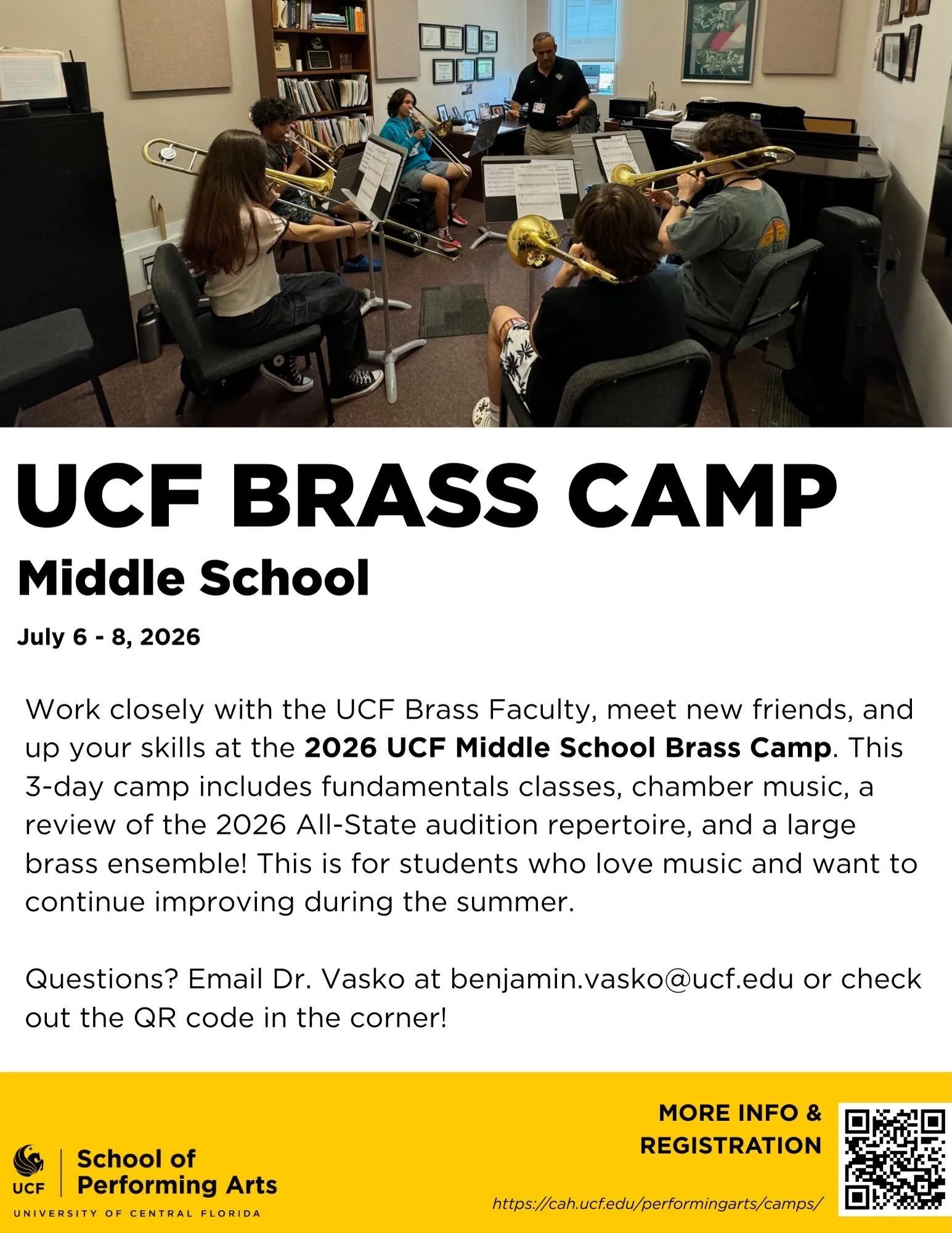 UCF BRASS CAMP IS BACK!!! If you&rsquo;re looking for a way this summer to work with amazing brass faculty, play some great music, and make new friends, look no further than the UCF Brass Camps! Registration is open for both camps. If you have any qu