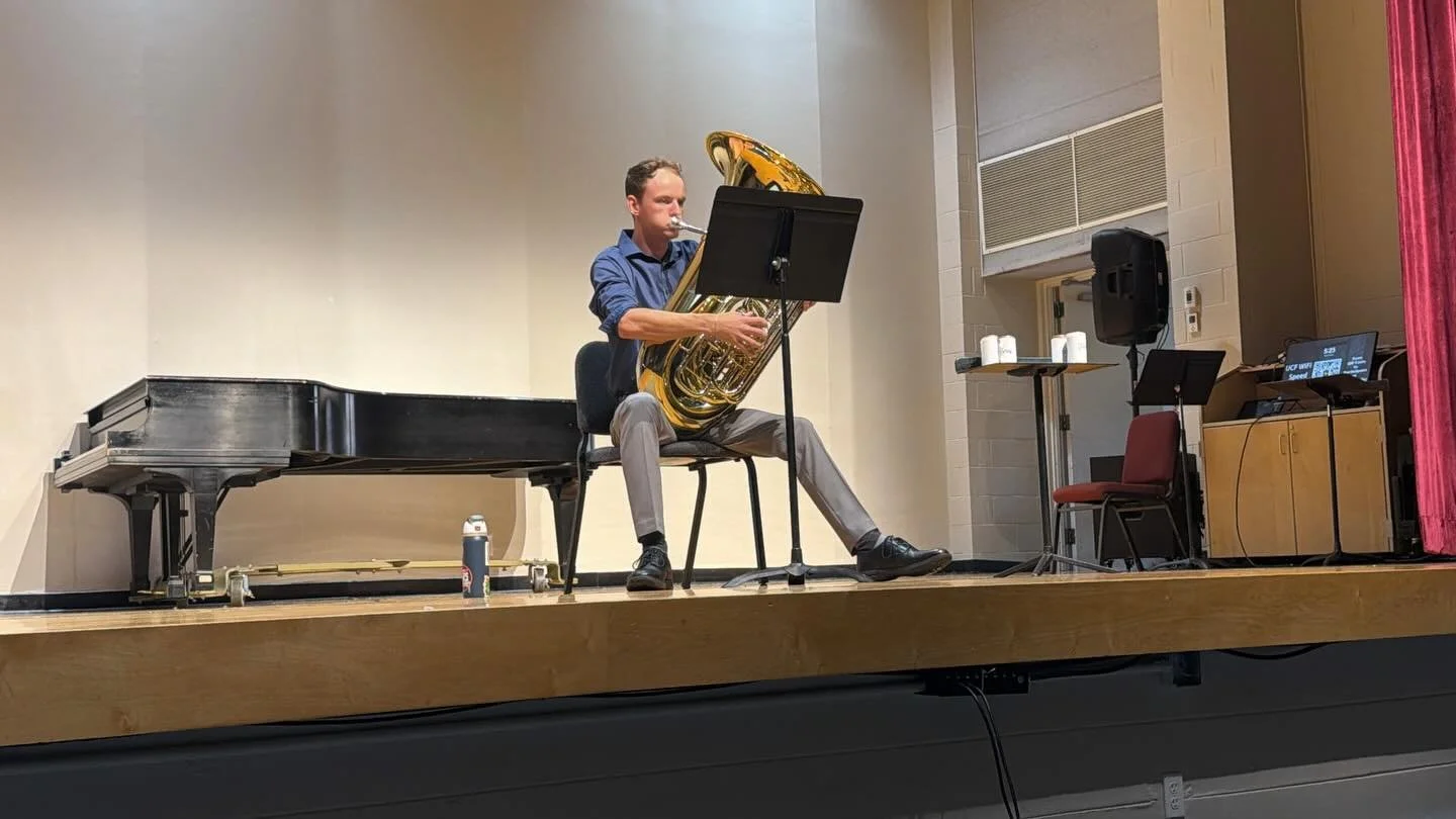 Carter had his epic junior BME recital yesterday!  The pieces he played included:

The Morning Song by Roger Kellaway 
Silhouette by John Harmon 
2011: A Tuba Odyssey by Anthony O&rsquo;Toole
(Featuring The Chicken Sandwich Quartet)
Six Pack by James