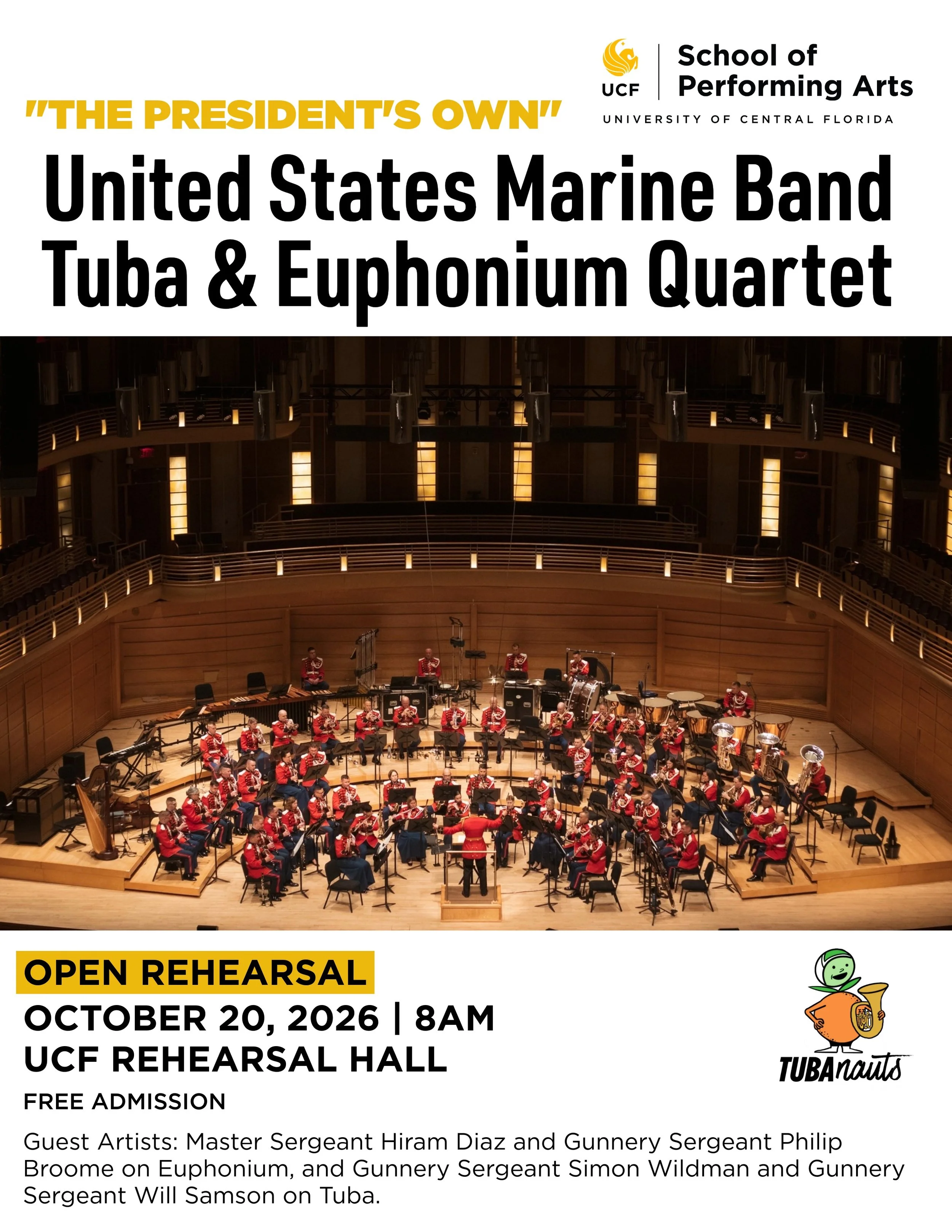 ONE WEEK FROM TODAY! Bring your coffee and come watch the Tuba/Euphonium Quartet from the President's Own Marine Band host an open rehearsal in Rehearsal Hall! All are welcome to this FREE EVENT! Not to be missed! 8am, Tuesday, 10/20. ☕☕☕☕☕

#tuba #e