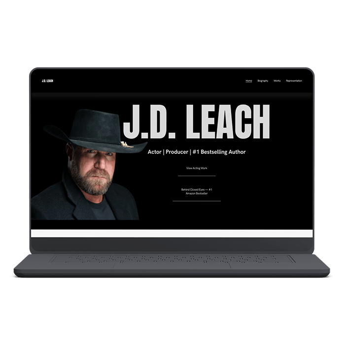 JD Leach website header on laptop mockup