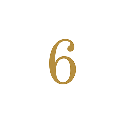 Gold number six on a white background.