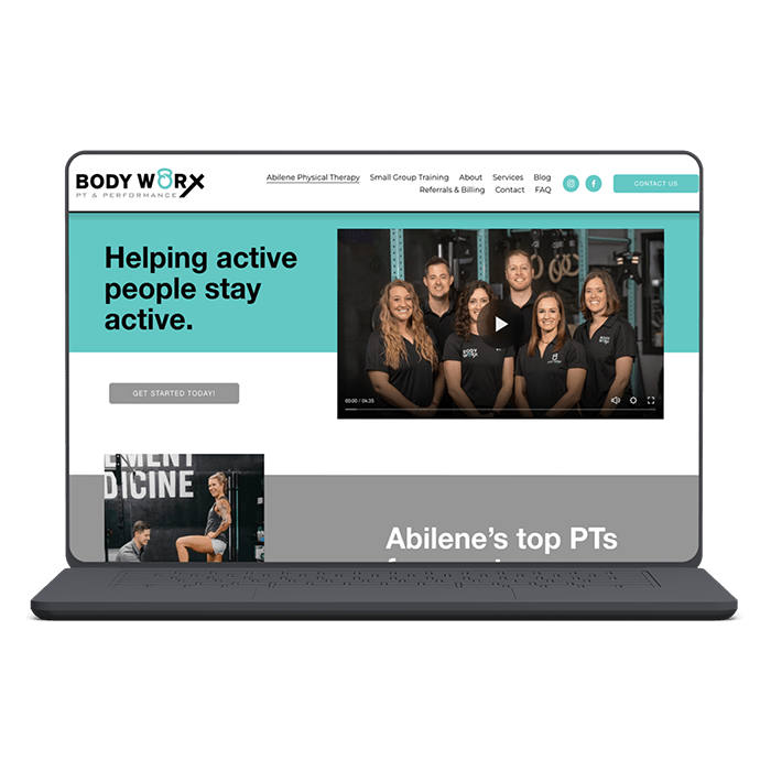 Body Worx Physical Therapy website header on laptop mockup