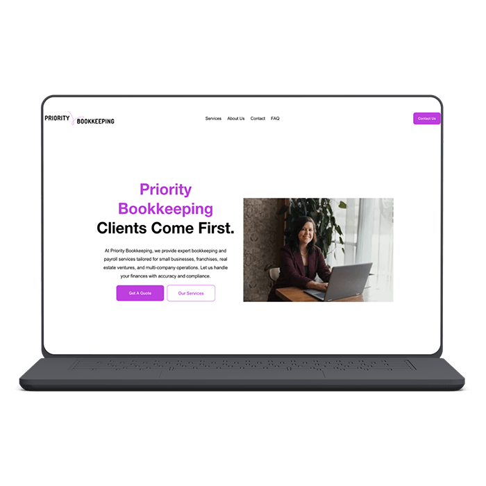 Priority Bookkeeping website header on laptop mockup