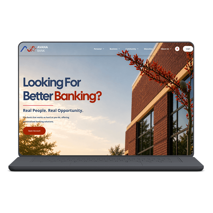 Avana Bank website header on laptop mockup