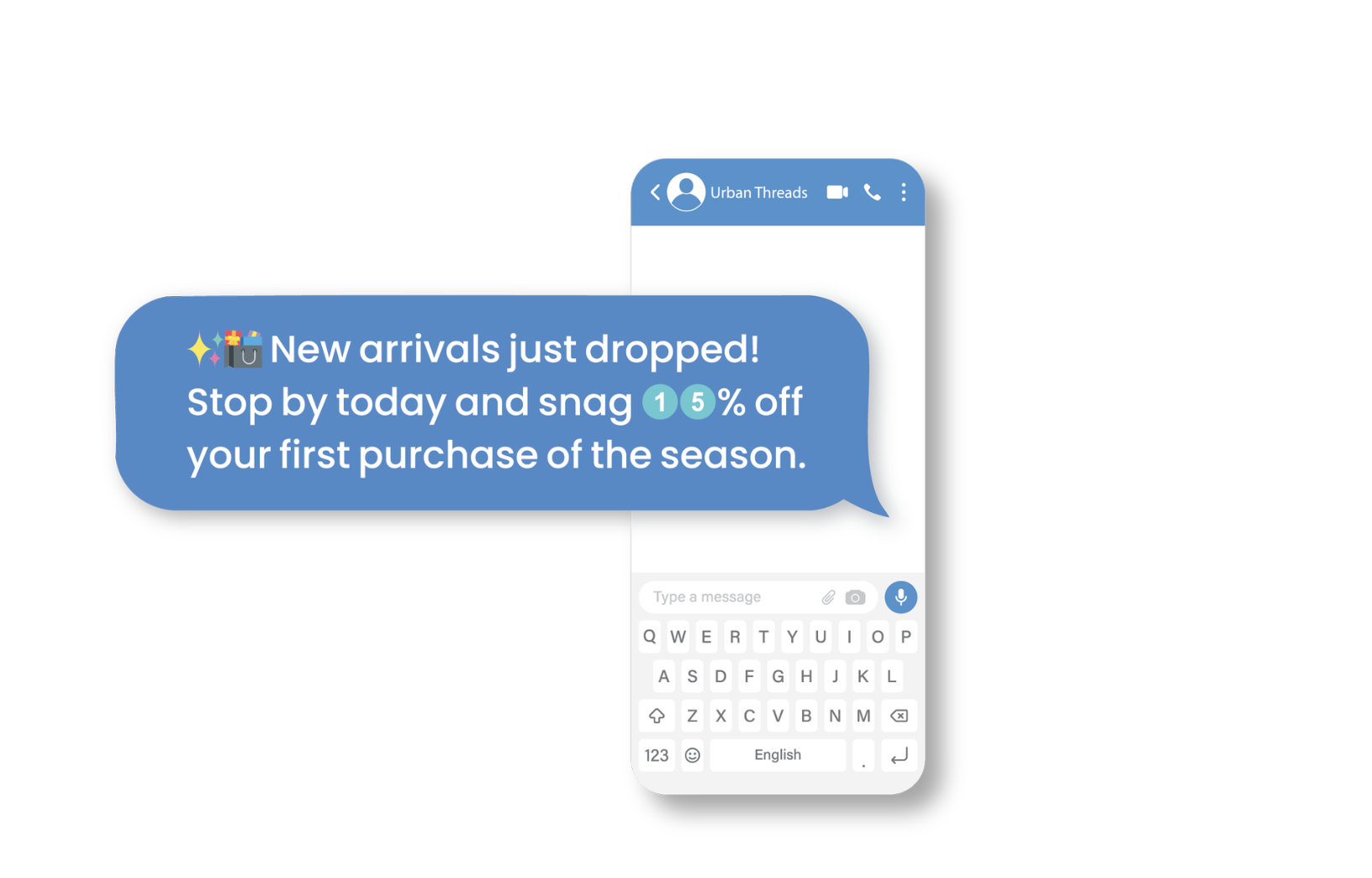 Text message promoting 15% off retain merchandise