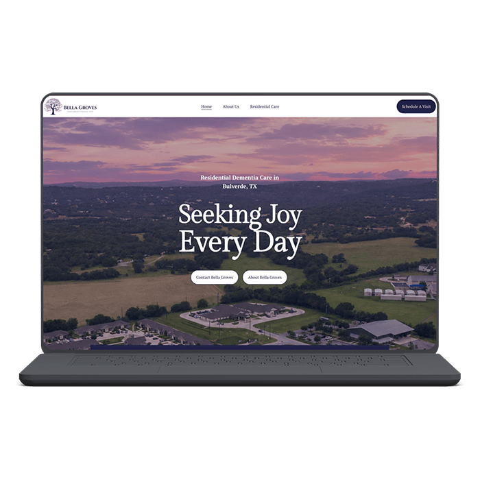 Bella Groves Dementia Care website header on laptop mockup
