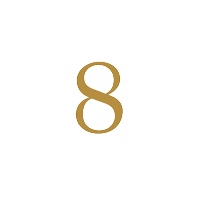 Gold number 8 on a white background.