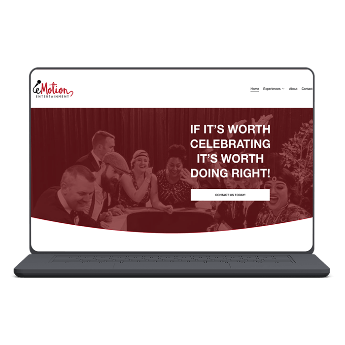 eMotion Entertainment website header on laptop mockup