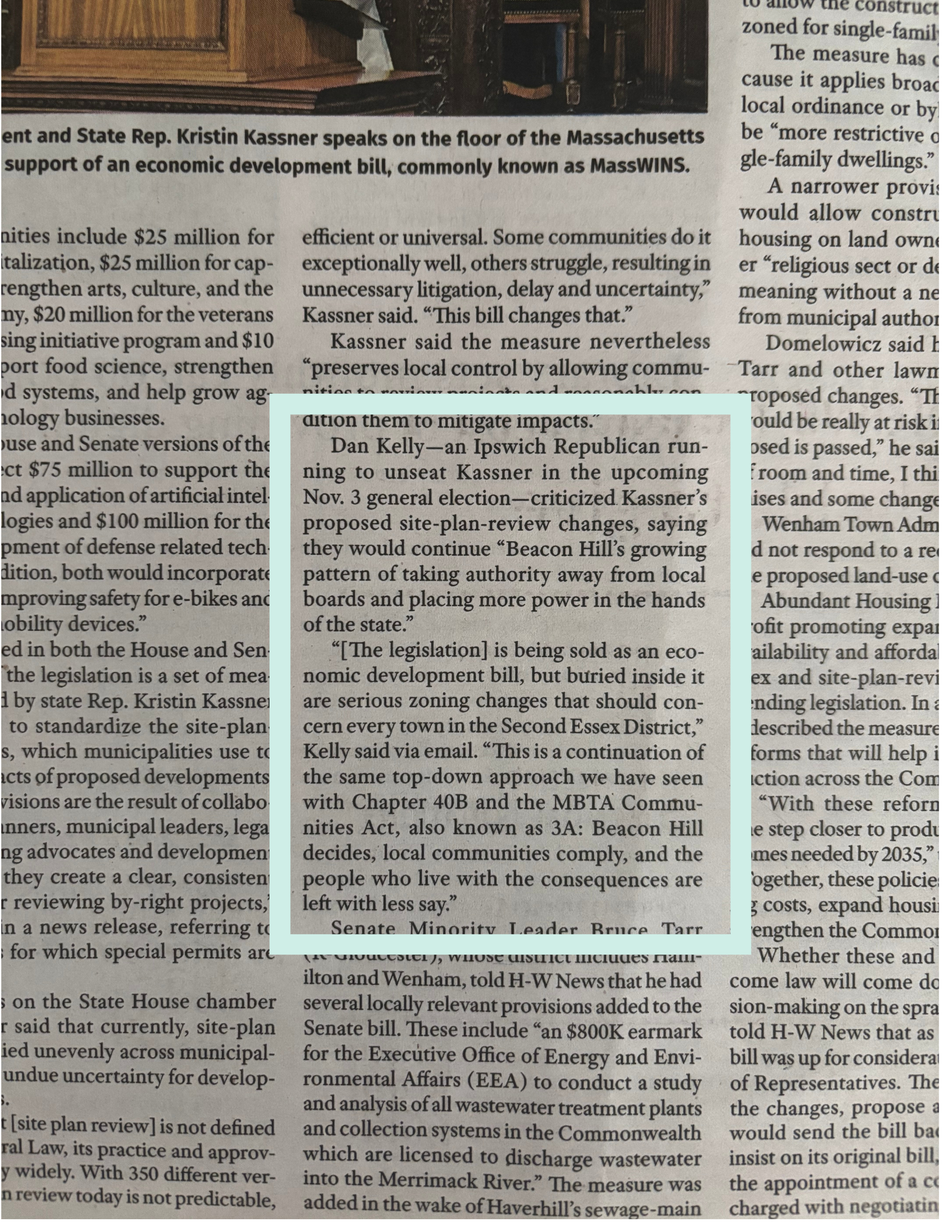 Close-up of a newspaper article with highlighted section. The highlighted section discusses Ipswich Republican candidate Dan Kelly, criticizing Kristin Kassner's proposed site-plan-review changes, and mentions concerns about local control, zoning, and governance.