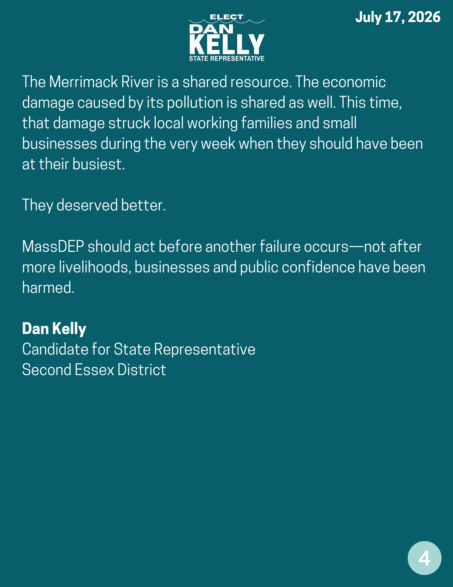 Page 4 of Dan Kelly’s July 17, 2026 statement on the Haverhill wastewater failure and its downstream effects.
