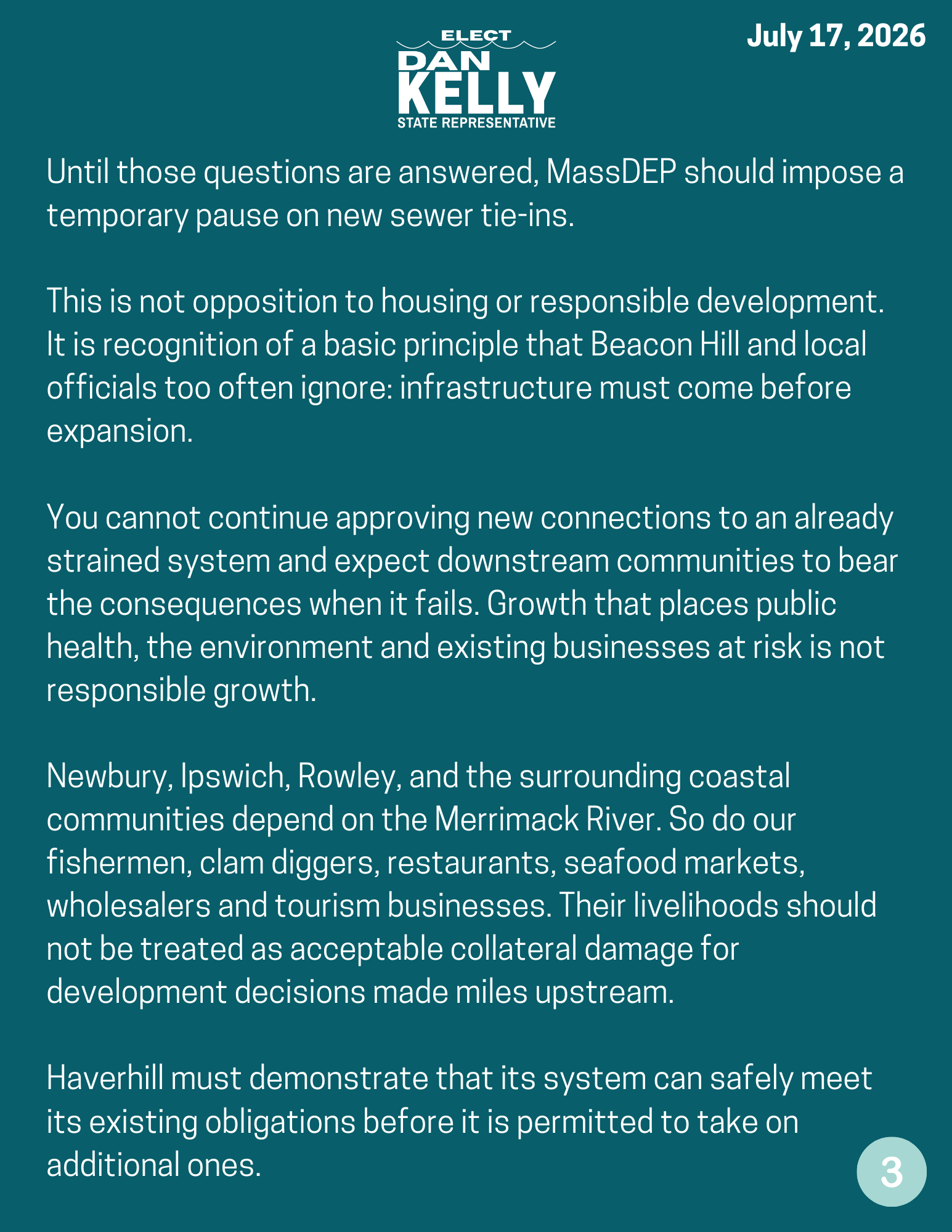 Page 3 of Dan Kelly’s July 17, 2026 statement on the Haverhill wastewater failure and its downstream effects.