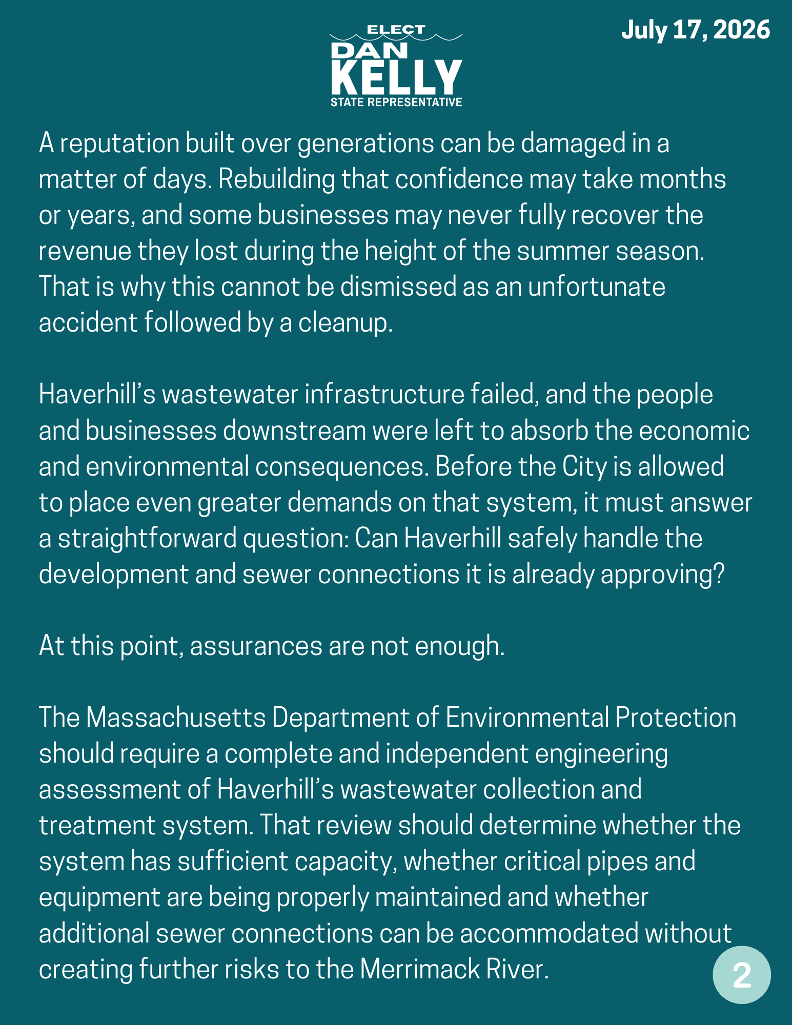 Page 2 of Dan Kelly’s July 17, 2026 statement on the Haverhill wastewater failure and its downstream effects.