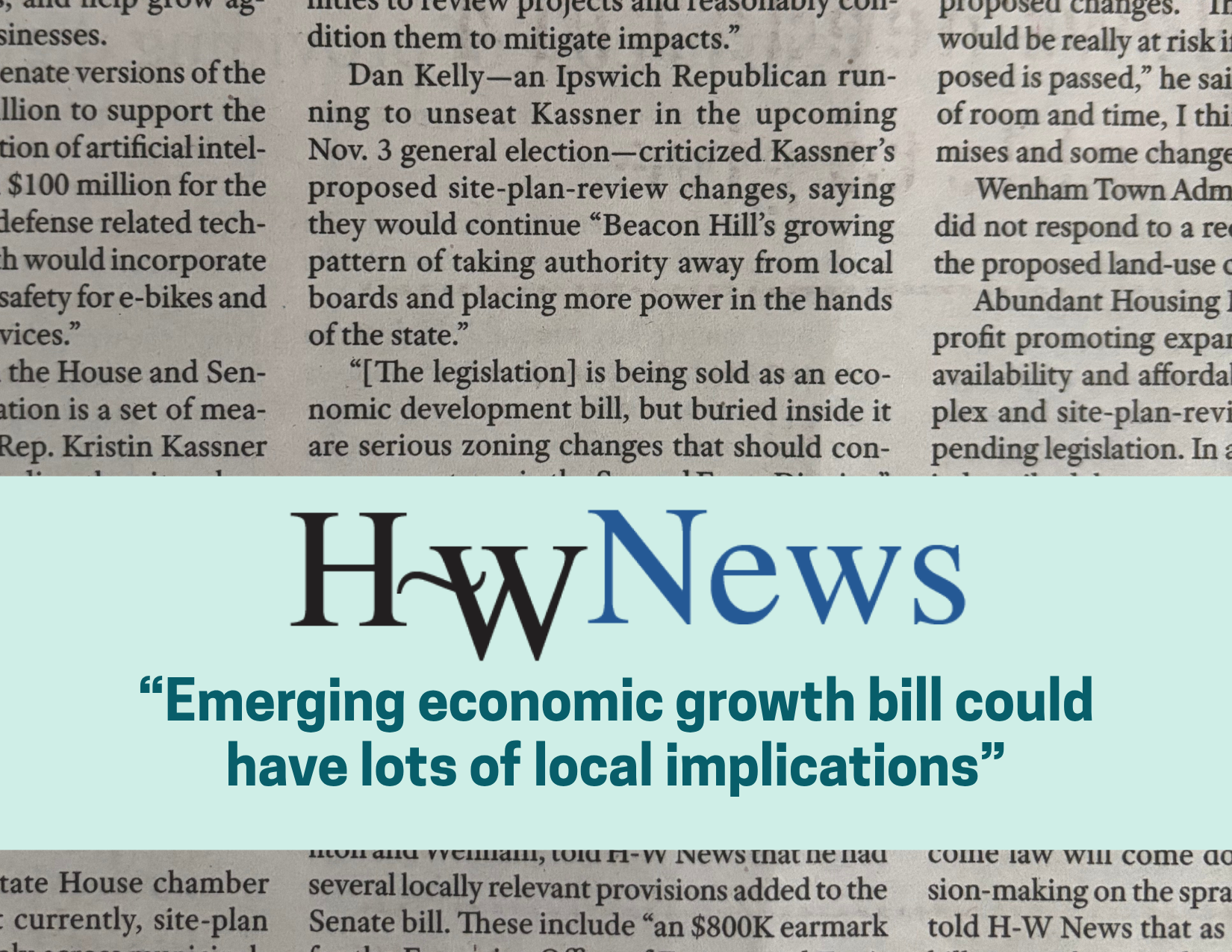 A newspaper article with the headline 'Hw News' and a quote about the economic growth bill, overlayed on a section of a newspaper with text related to political and legislative topics.