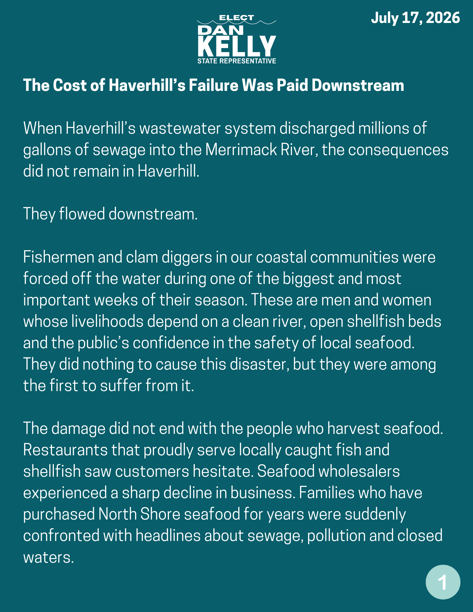 Page 1 of Dan Kelly’s July 17, 2026 statement on the Haverhill wastewater failure and its downstream effects.