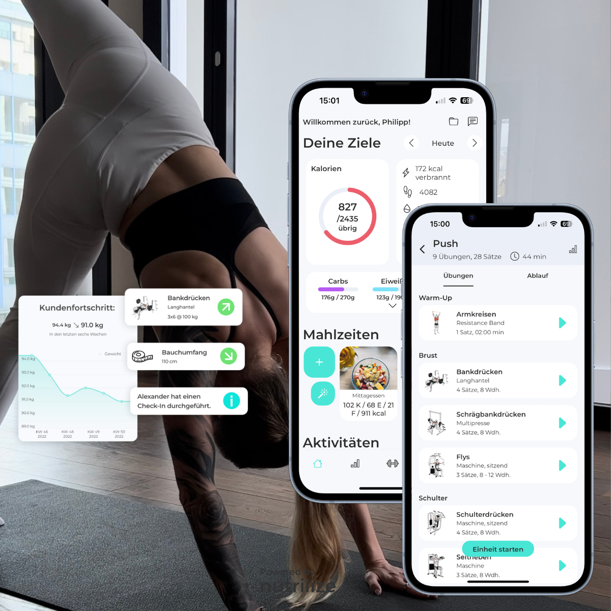Eine Frau macht Yoga in einem Raum. Nutrilize als App für personalisierte Trainings- und Ernährungspläne. 