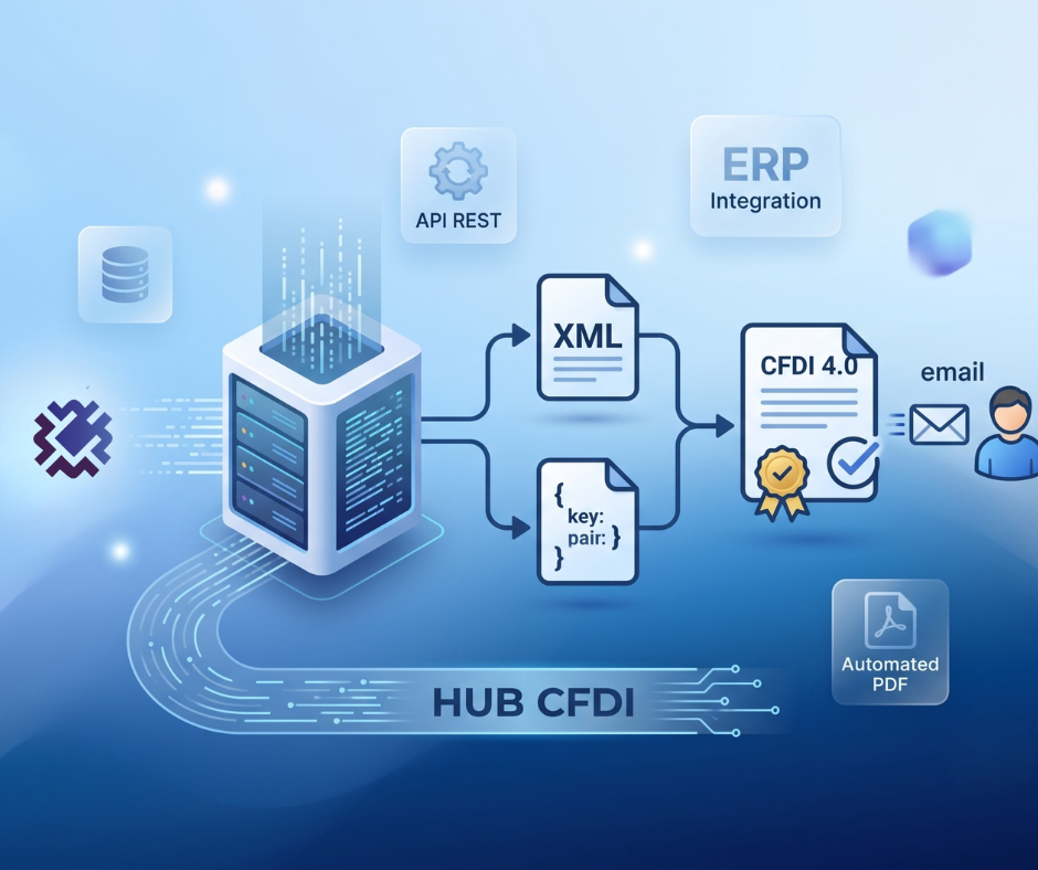 Diagrama de arquitectura de integración de la API de HUB CFDI para la generación y timbrado masivo de CFDI 4.0 en sistemas ERP.