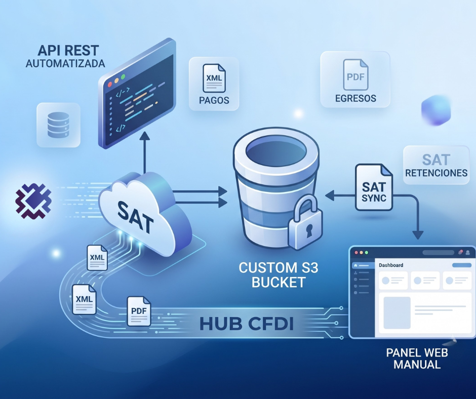 Arquitectura de base de datos y API REST de HUB CFDI mostrando el flujo de almacenamiento en Amazon S3 y descarga masiva del SAT.