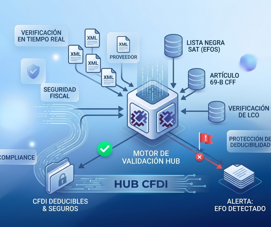 Diagrama de validación automatizada de proveedores de HUB CFDI para la detección de EFOS y listas negras del SAT (Artículo 69-B).