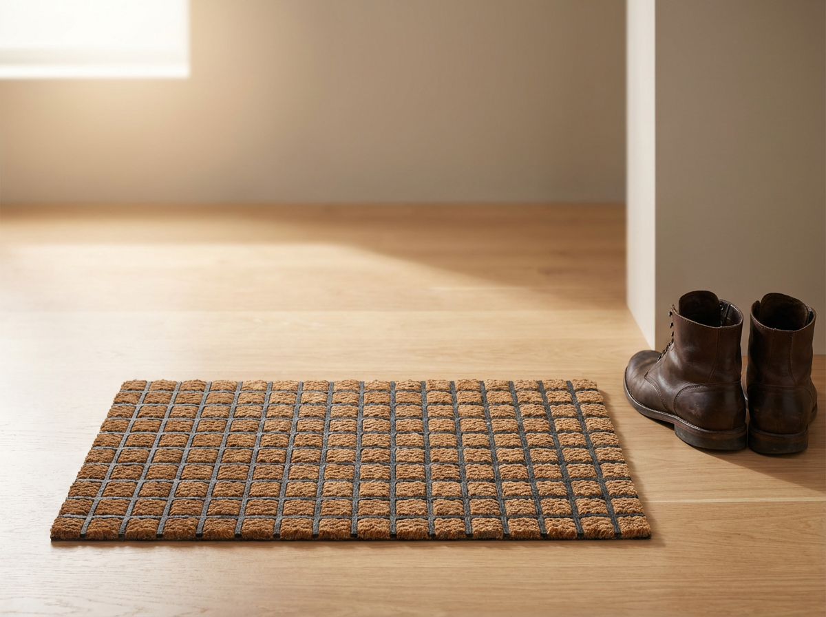 Brown doormat with a grid pattern and a pair of brown leather boots on a wooden floor.