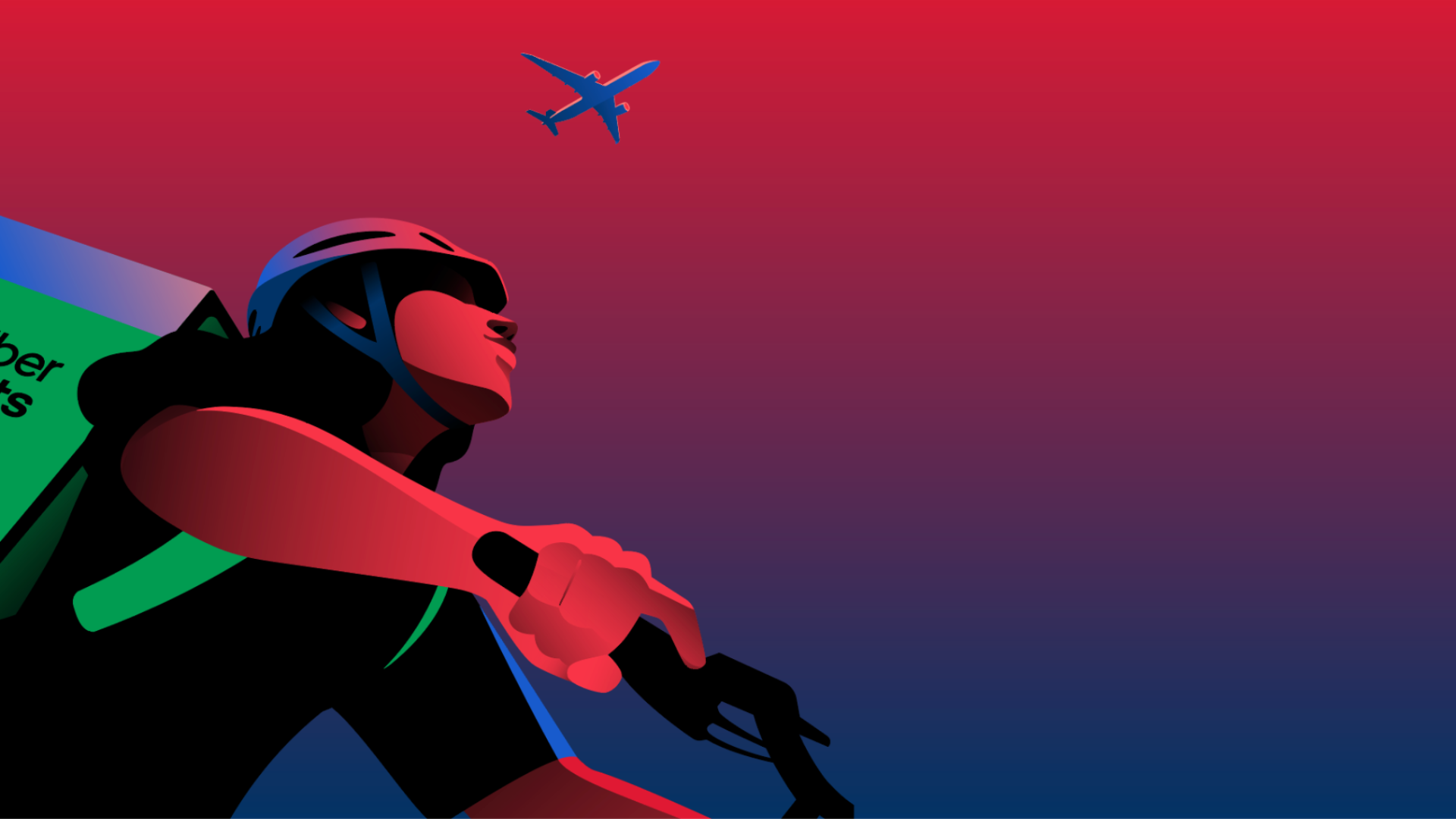 Digital illustration of a woman wearing a bicycle helmet, with a backpack, riding a bicycle against a gradient sky background with an airplane flying overhead.